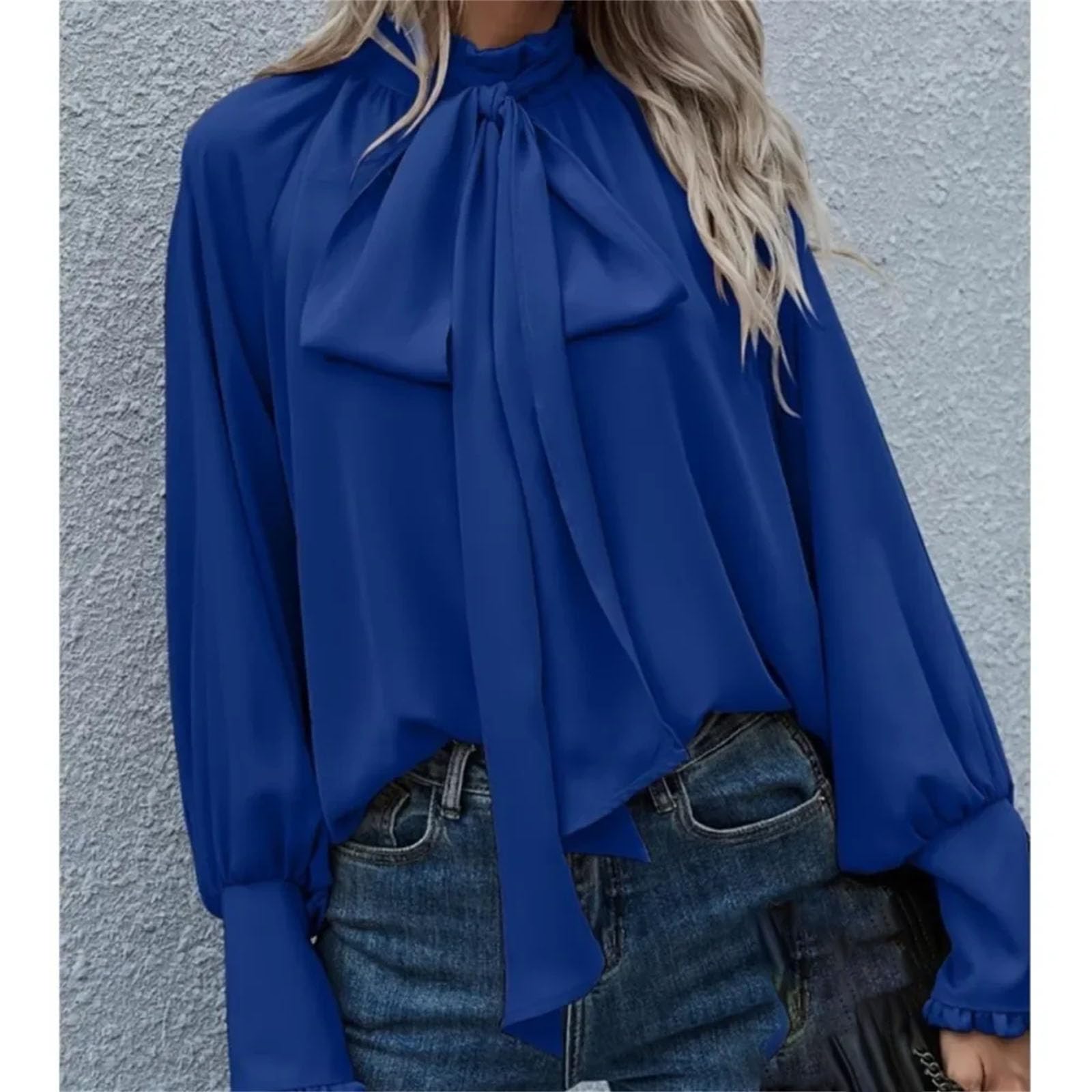 Camicia da donna a collo alto con fiocco e maniche a bolle allentata elegante top con scollo rotondo per abiti casual quotidiani