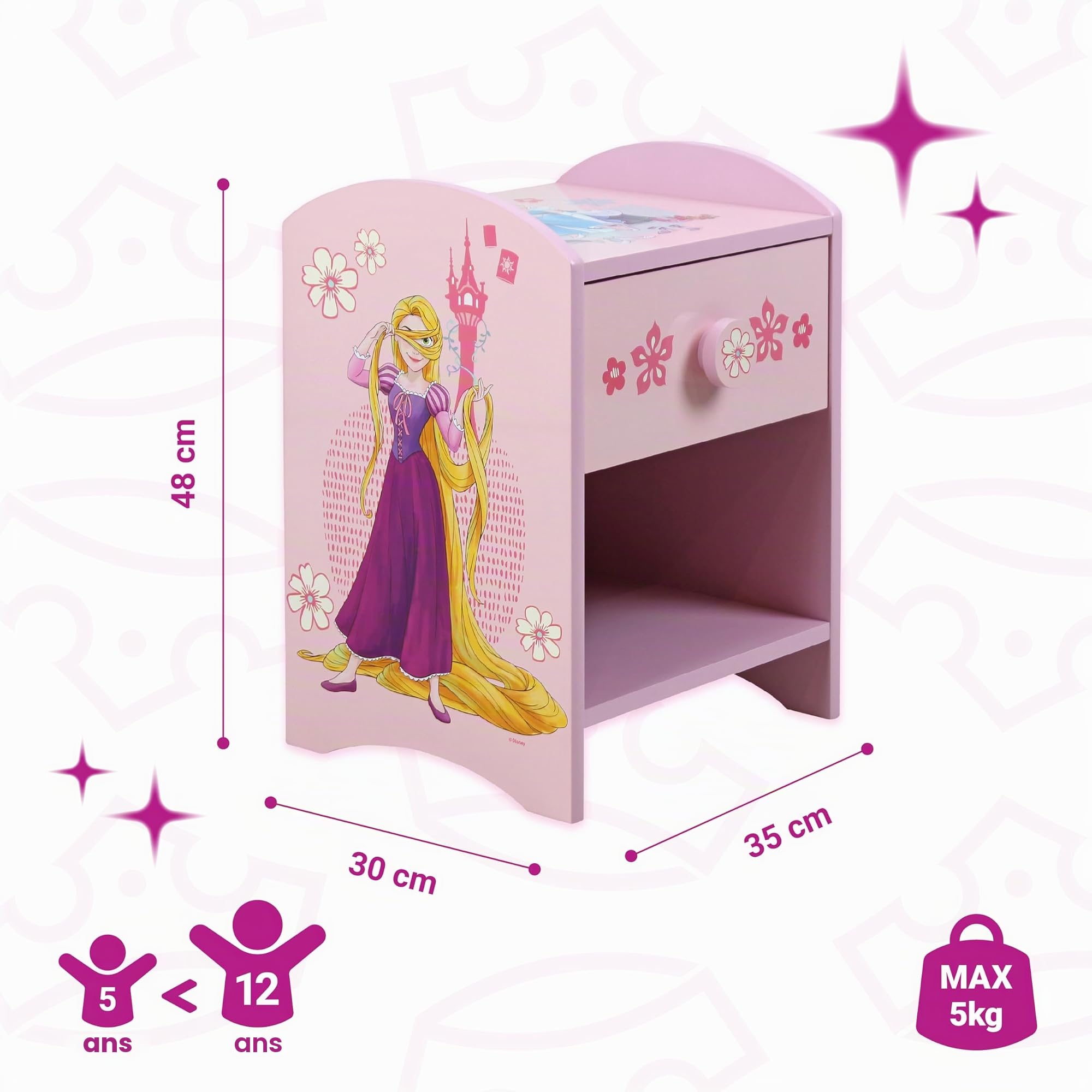 Disney Princess Moana et Raiponce Table de Chevet : Construction Robuste en Bois avec Un Design à 2 Niveaux, Petite Table d’appoint avec tiroir et étagère de Rangement pour Chambre d’Enfant