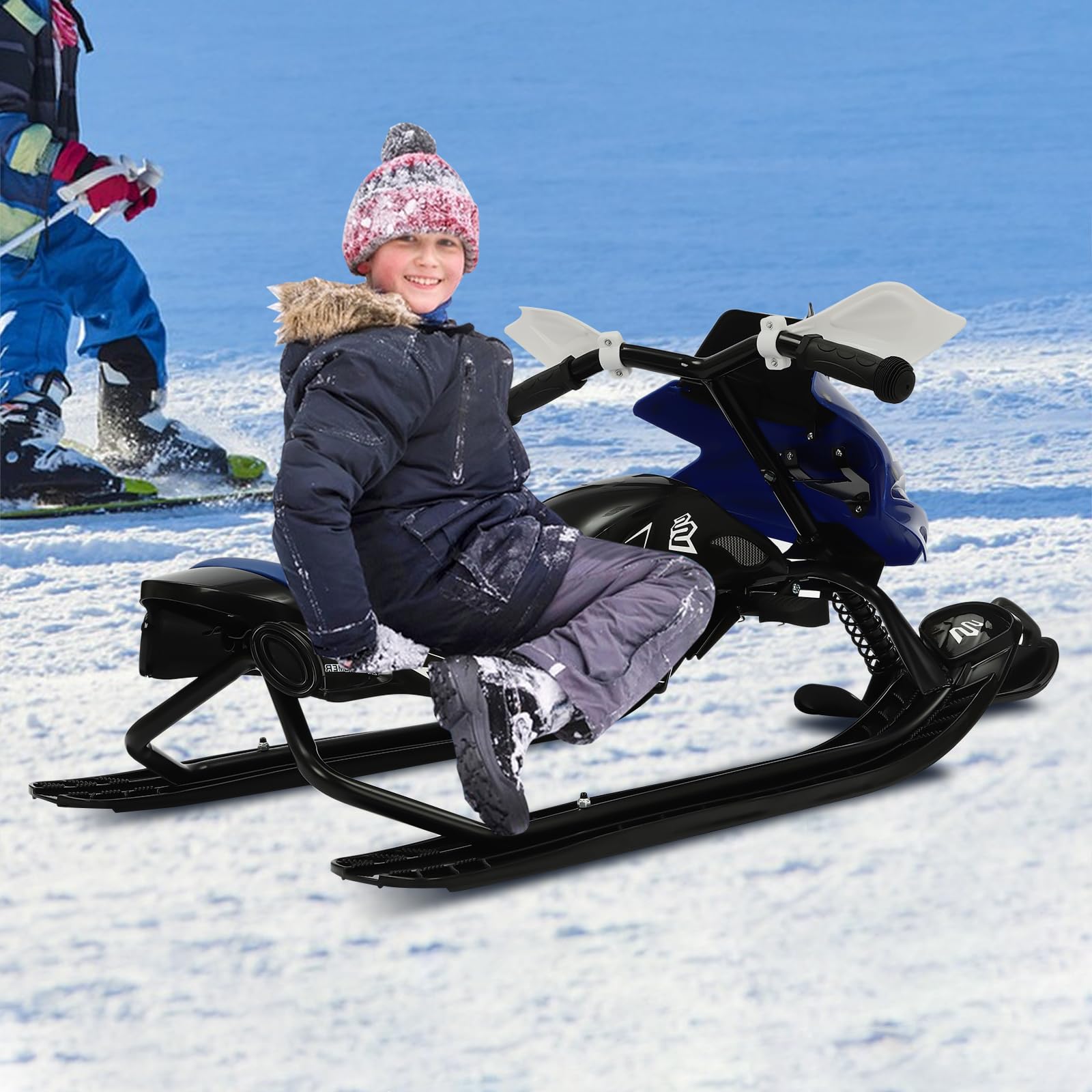 Luge Enfant Ski Neige, 3 Skis Fer & PE, Freins Sécurité, Siège Réglable