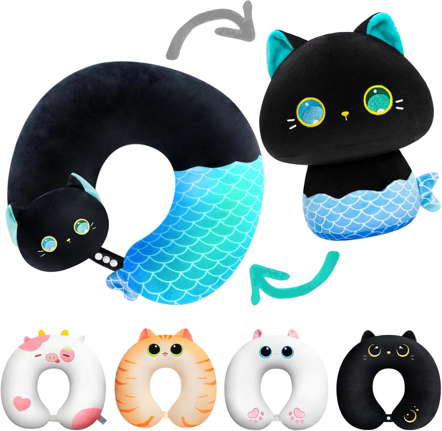 Mewaii Kids Travel Pillow, 2-in-1 Mermaid Cat Neck Pillow for Kids & Toddlers, Plush Travel Pillow for Airplane, Car, Train, Convertible Stuffed Animal Travel Essentials