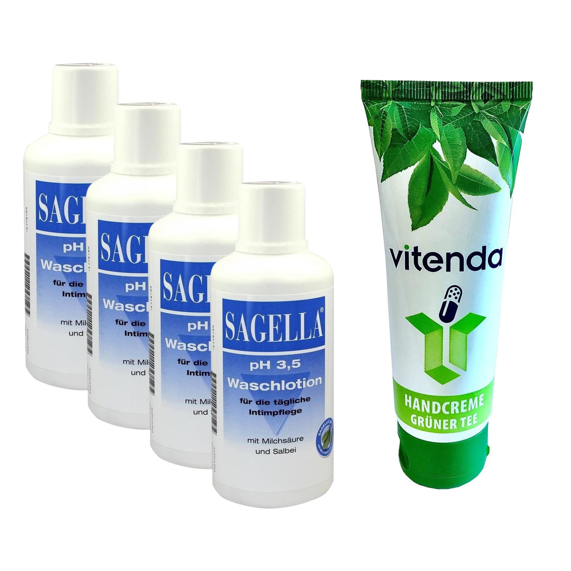 Set: Sanfte Intimwaschlotion mit Sagella pH 3,5, seifenfrei für die tägliche Intimpflege der Frau, 4x500ml – inkl. vitenda Handcreme