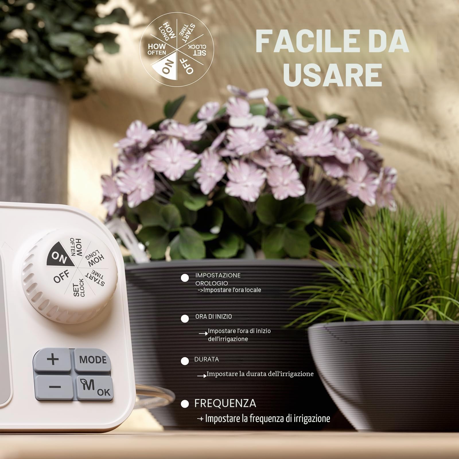 Raddy WS-7 Irrigazione automatico solare, Sistema di irrigazione per 15 piante in vaso, Rilevamento automatico dell'umidità del terreno, 2600 mAh batteria, IPX7 per interni ed esterni, balconi