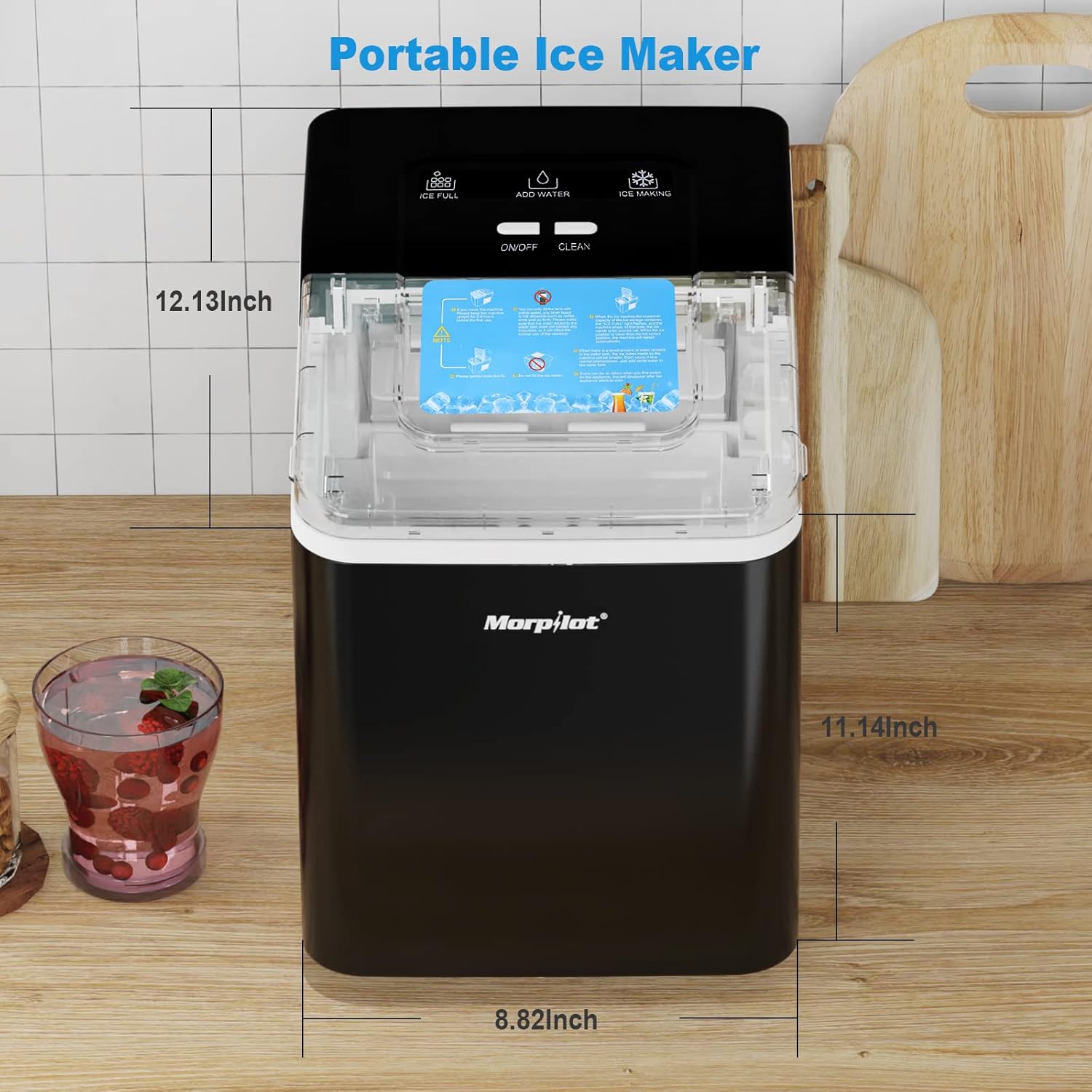 morpilot Portable Ice Maker with dimensions labeled