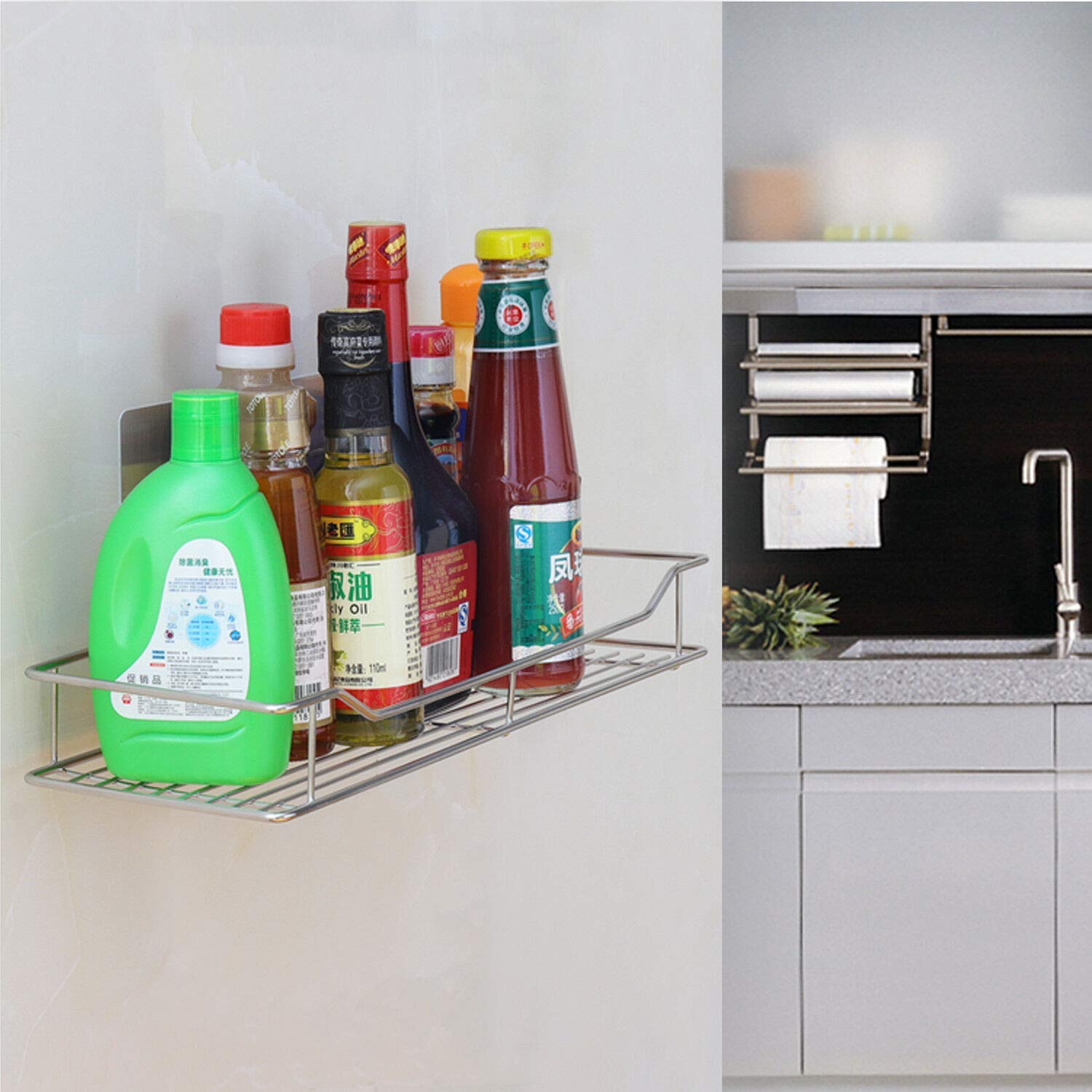 LUVINA Adhesive Paper Towel Holder with Shelf Storage, Wall Basket for Kitchen & Bathroom Accessories, Stainless Steel, Rustproof No Drilling 3
