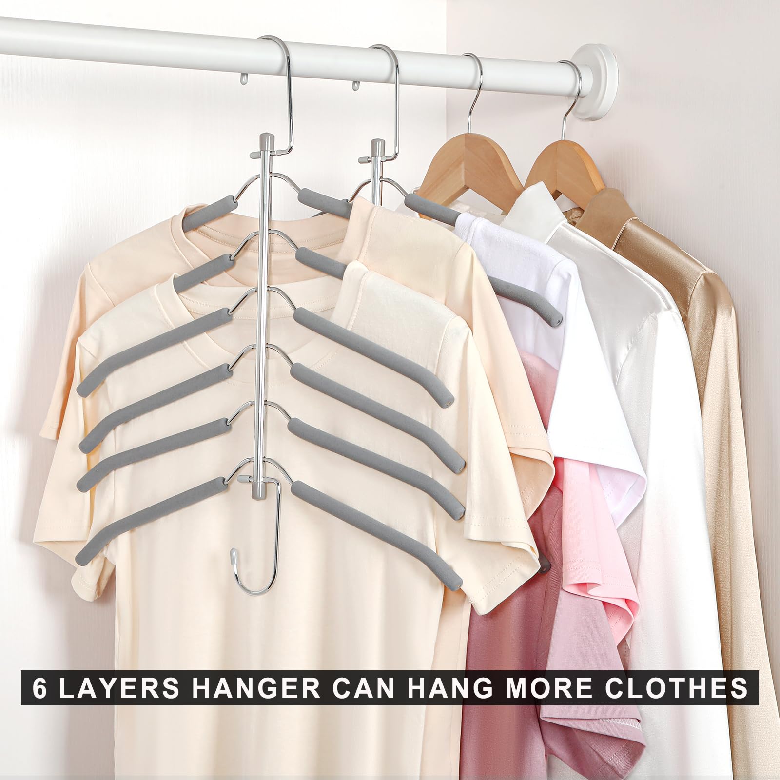 TOPIA HANGER CT65G Kleiderbügel, platzsparend, 6 Etagen, platzsparend, keine Stöße, Schulterbügel, rutschfest, mit Schaumstoff gepolstert, Schrank-Organizer und Aufbewahrung für Damen und Herren, 4