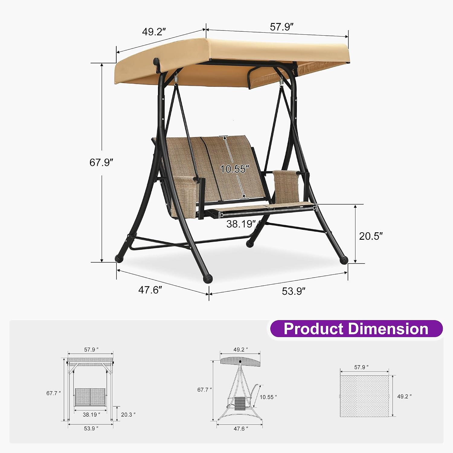 PURPLE LEAF Porch Swing with Adjustable Tilt Canopy 2-Seat Patio Swing with Stand and Meatl Steel Frame All-Weather Outdoor Swing Chair Seat Space-Saving for Backyard Garden Deck (Khaki)