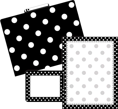 Barker Creek Kit de oficina organizado, puntos blancos y negros, con 12 carpetas de archivos de diseño a juego, 50 hojas de papel de computadora