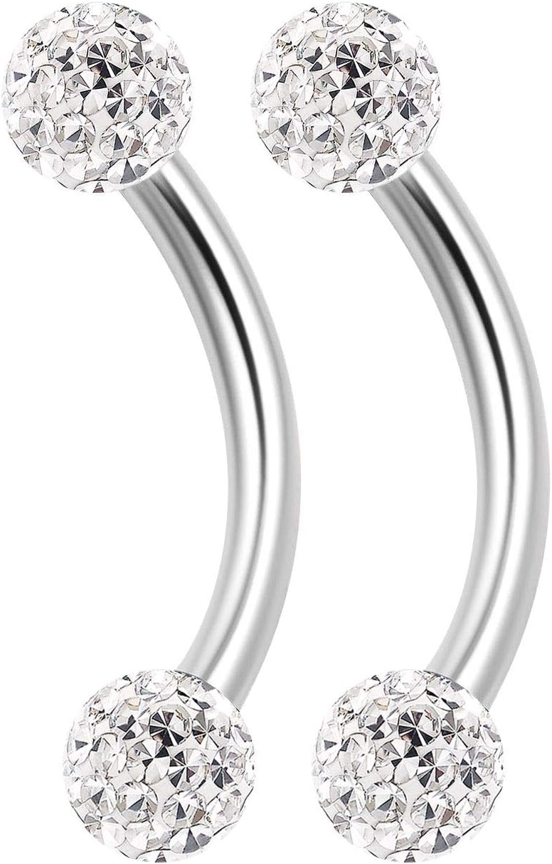 BanaVega 2PCS Surgical Steel Curved Barbell Ring 16g 5/16 8mm 3mm Crystal Ball Helix Earrings Eyebrow Piercing Jewelry Choose Colors (2pcs 8mm Clear)