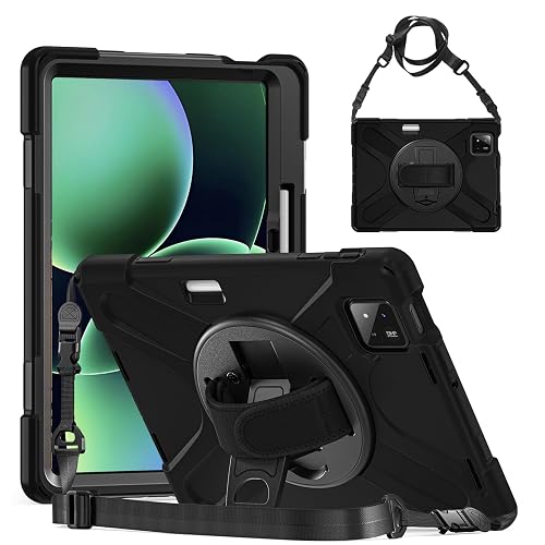 ProElite Cover for Xiaomi Mi Pad 8/8 Pro/Mi Pad 7/7 Pro 11.2 inch, Rugged 3 Layer Armor case with Hand Grip & Rotating Kickstand with Shoulder Strap & Pen Holder, Black