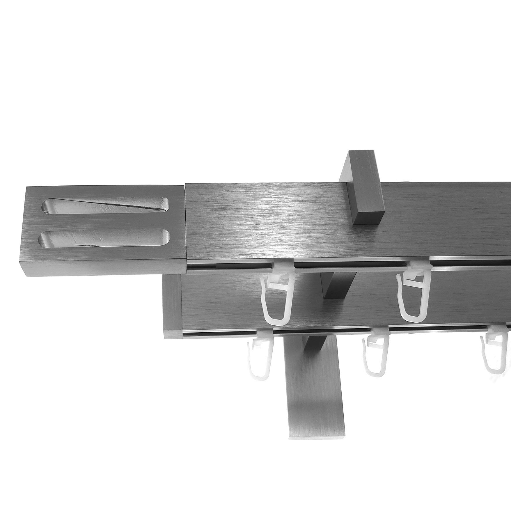 BASIT Gardinenstange Innenlauf eckig Edelstahllook 2-läufig Wand 600cm H96 | Gardinenstangenset doppelläufig Wandmontage Metall Wandhalterung kantige Vorhangstange 120-600cm wählbar Kappe E91