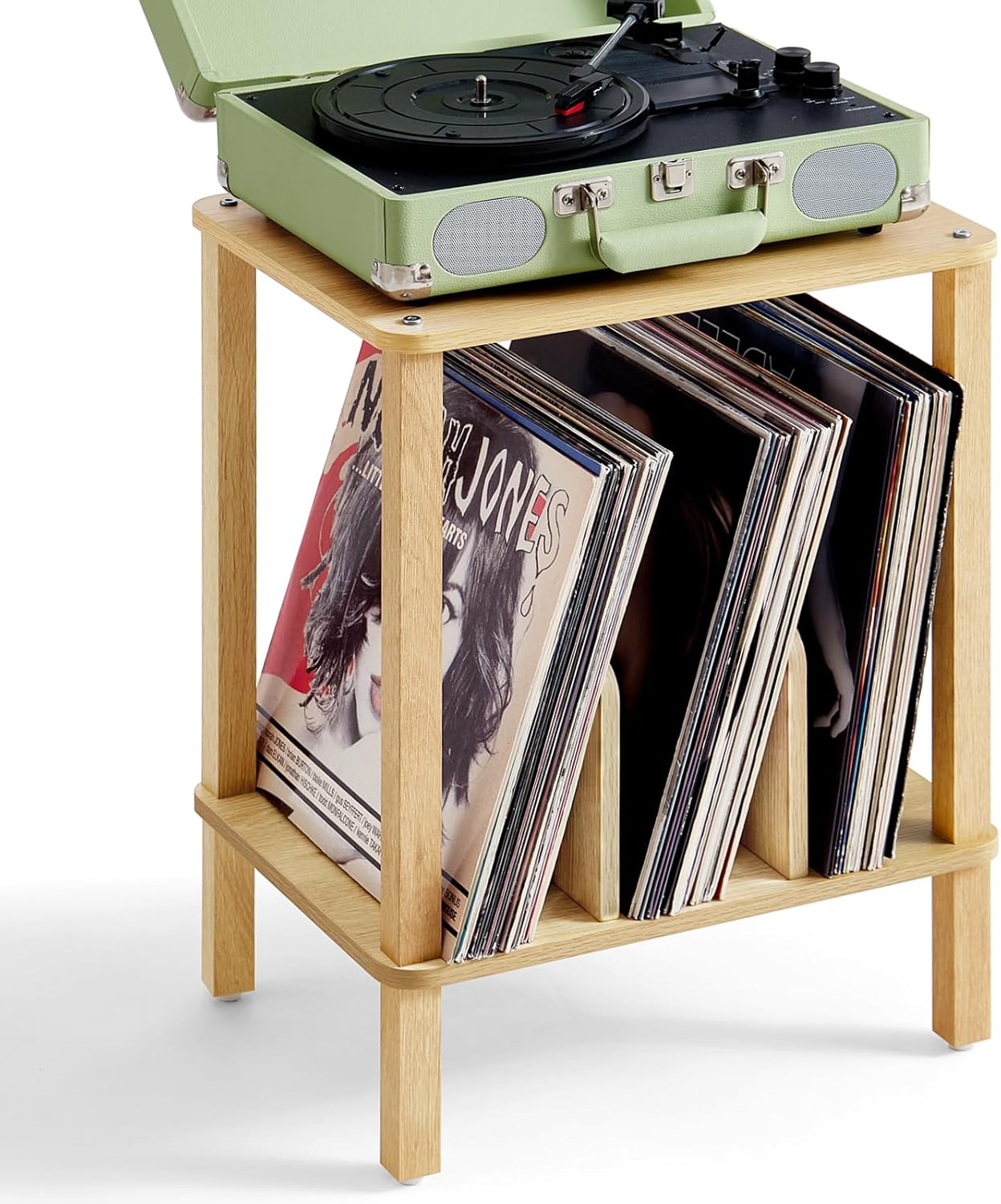 LELELINKY 2-Tier Bamboo Record Player Stand with Vinyl Record Storage up to 100 Albums, Bedroom Record Holder and Multi-Functional End Table for Living Room, Natural 11.81"D x 15.75"W x 20.87"H Natural