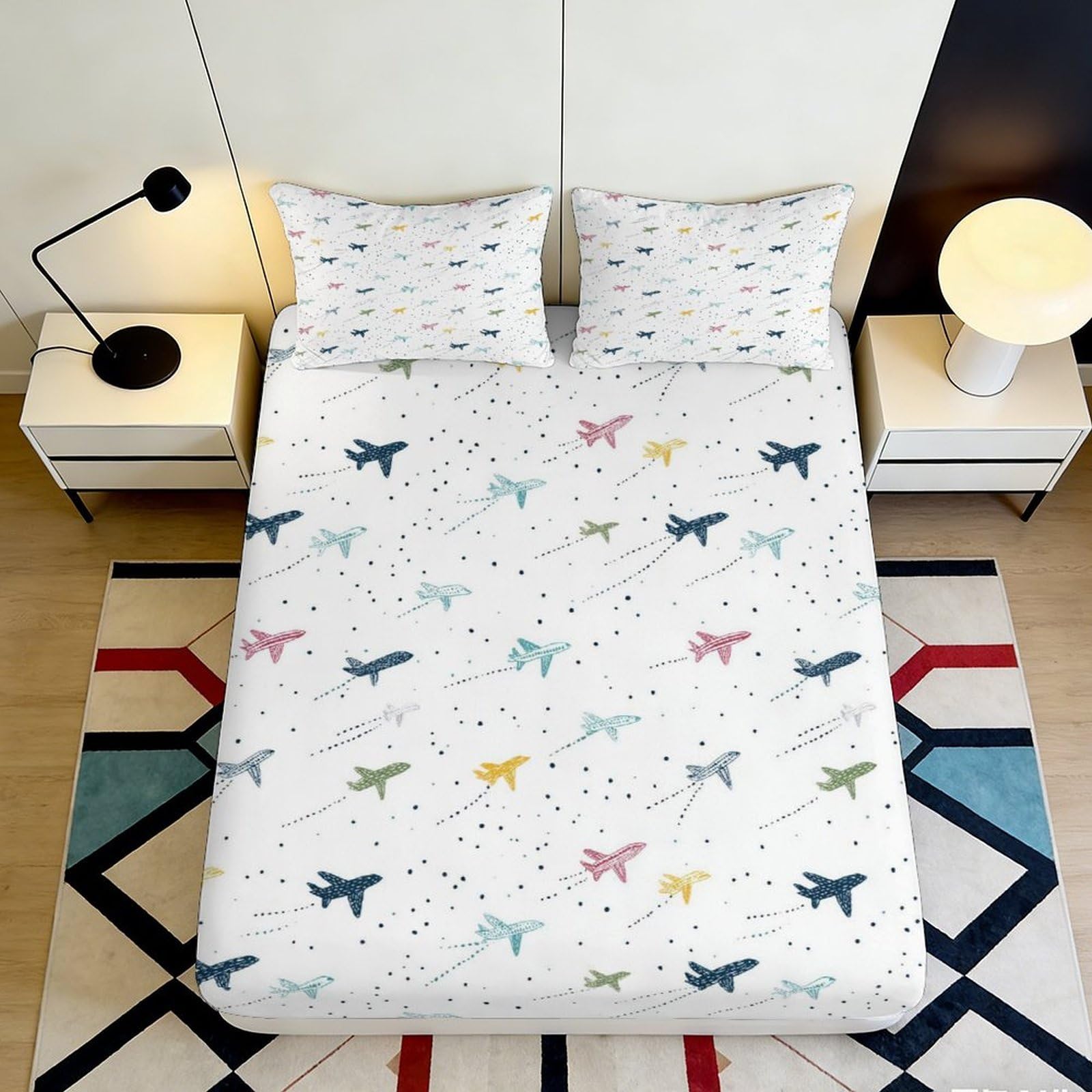 3D Printed Colorful Airplane Fitted Sheet Microfiber Soft Breathable Cartoon Aircraft Mattress Cover for Bedroom Dorm Decor 200x200x25cm