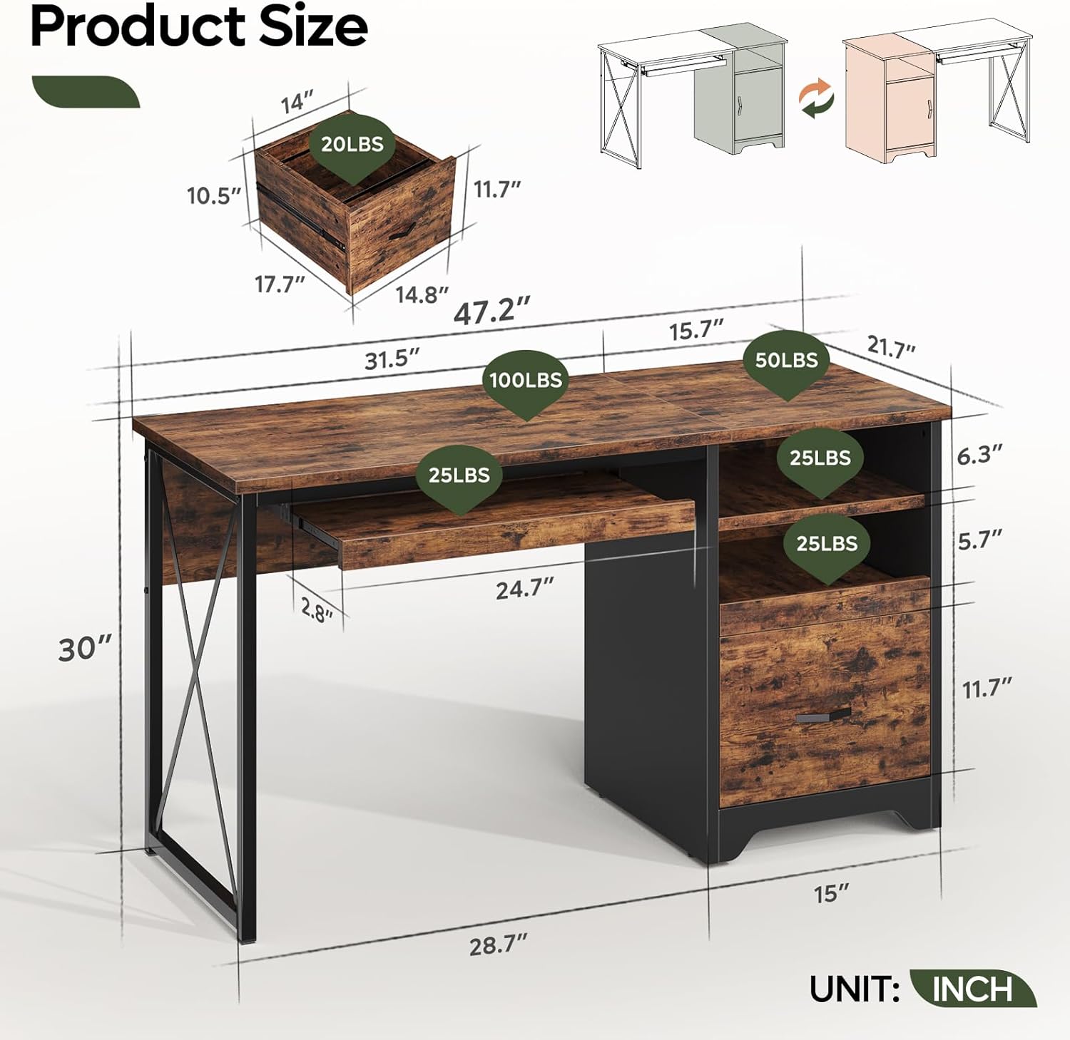 Bestier 47-inch Computer Desk with Drawers showing dimensions and weight capacities