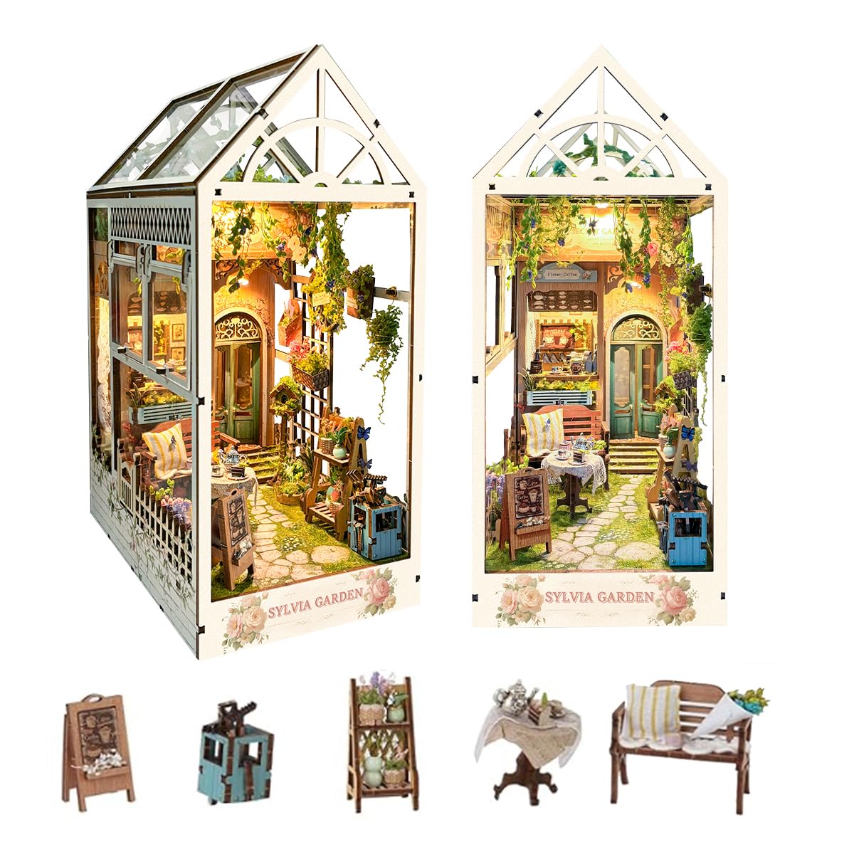 STRUCWOOD LED DIY Book Nook Kit, Book Nook Kit Garden House, Miniature Dollhouse Kit