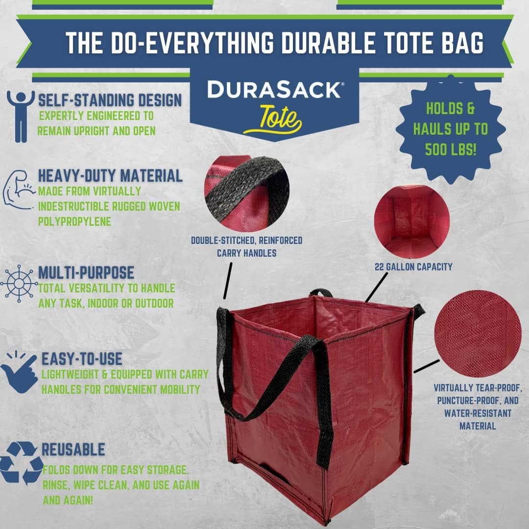 DuraSack Heavy Duty Tote Bag - 22 Gallons Rugged Woven Polypropylene Bag | Reusable | Self Standing design | Holds up to 500 LBS (Pack of 4, Multicolored) - - 
