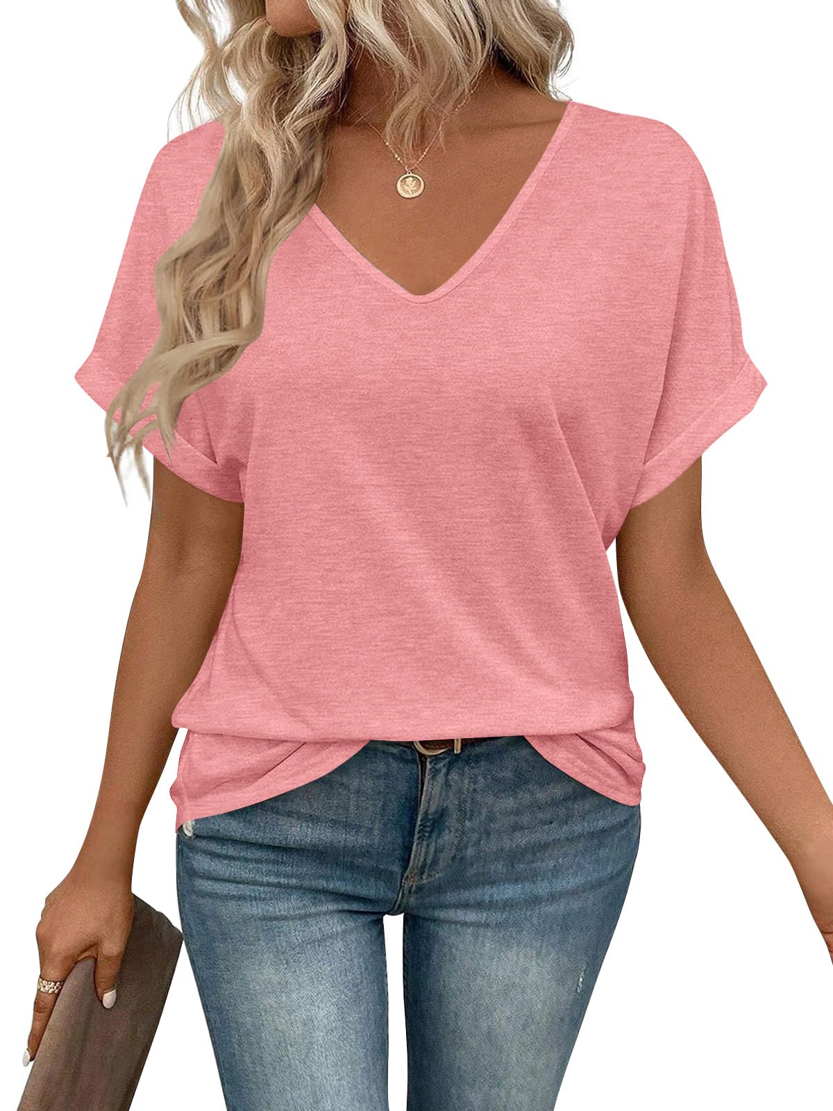 shownicer Damen V-Ausschnitt Tshirt Sommer Kurzarm Oberteile Elegant Locker Basic Top A Koralle XL