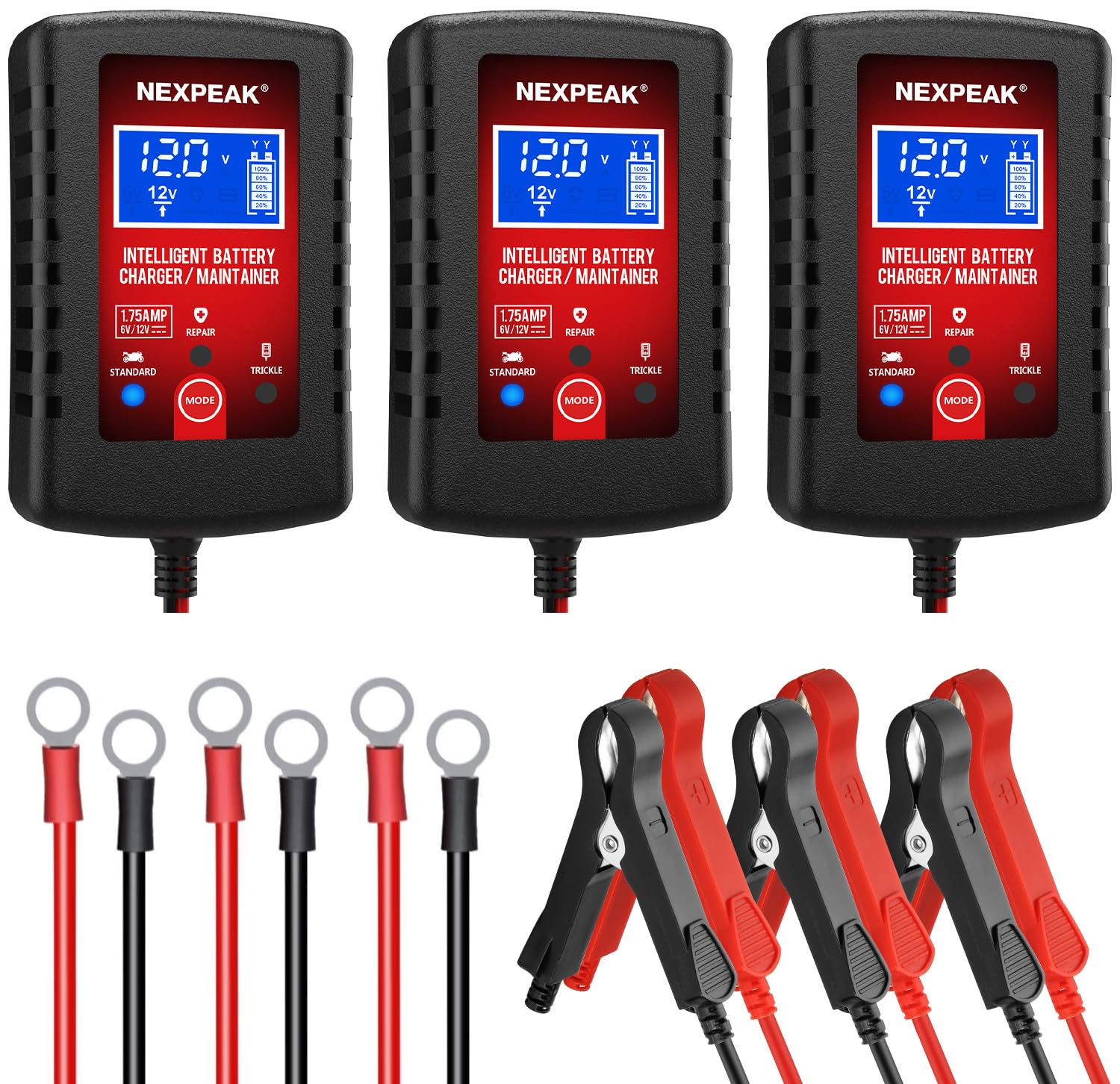 [3-Pack] 1.75A Car Battery Charger, 6V and 12V Smart Fully Automatic Battery Charger Maintainer, Trickle Charger, Battery Desulfator for Car, Lawn Mower, Motorcycle, Boat, Marine Lead Acid Batteries - 1