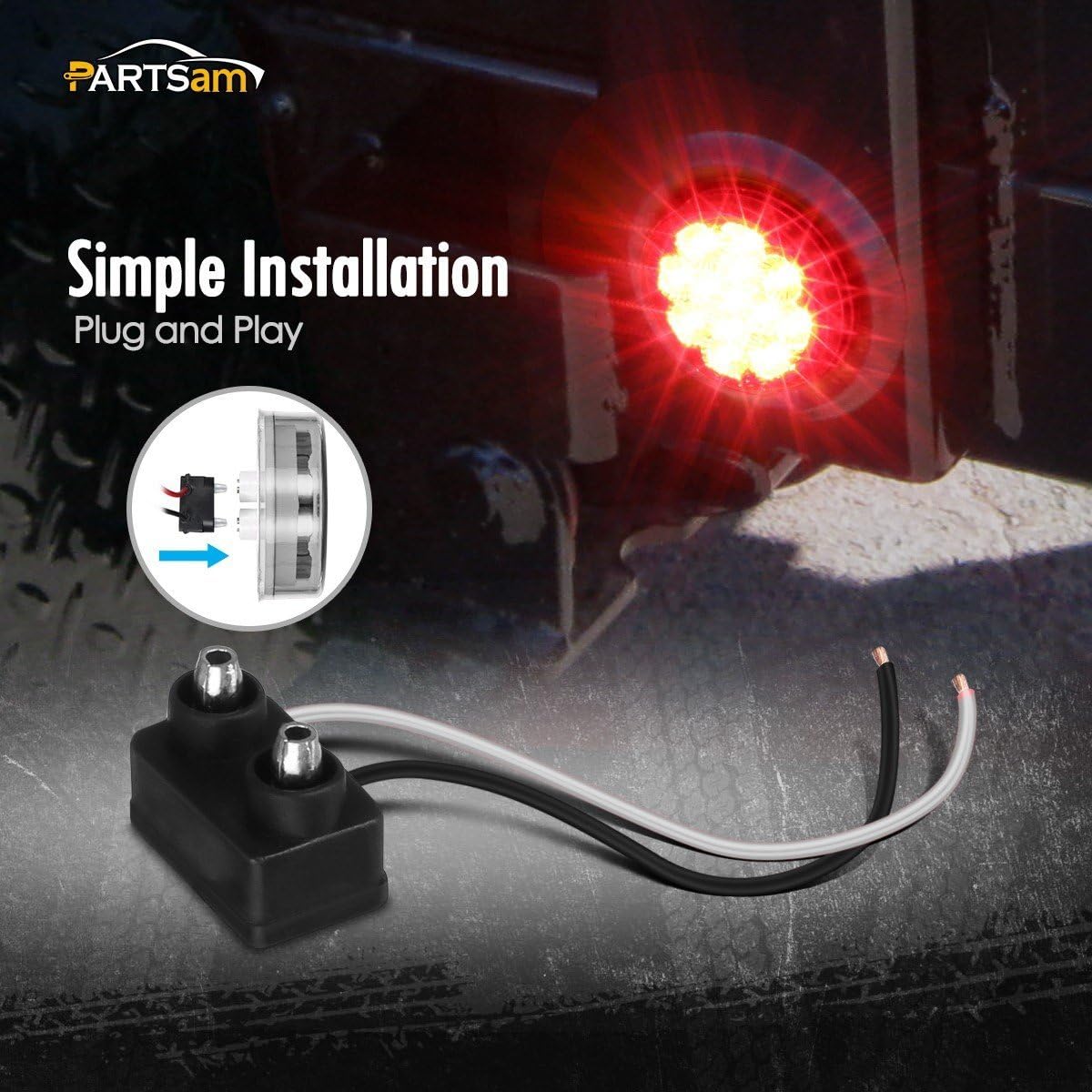 Partsam 2 Pcs Mini-Reflex Red Clear Lens Side indicator LED Marker Clearance Truck Light w/2 Standard Pin, Sealed Faceted 2.5" Round LED Trailer Sidelight ID Light Identification Taillight 13 Diodes