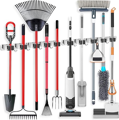 IMILLET Paquete de 2 soportes de escoba de acero inoxidable para montaje en pared, 5 estantes con 4 ganchos, organizador de escoba autoadhesivo,