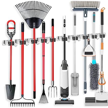IMILLET 2 Pack Broom and Mop Holder Wall Mounted, Stainless Steel Broom Holder Mop Holder Self Adhesive Heavy Duty Hooks Storage Organizer for Home Laundry Room Garden Garage?5 Racks with 4 Hooks degree