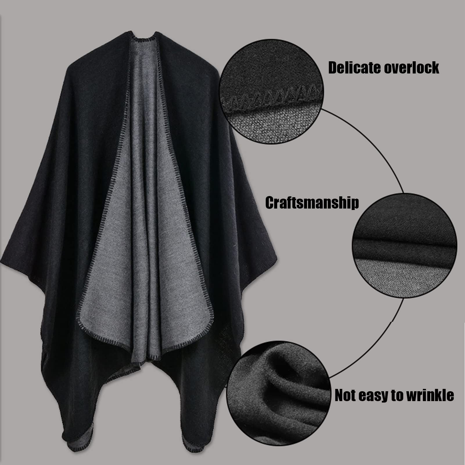 Damen Schal Wickel Poncho - Baumwolle Elasthan Umhang | Vorne Offen Mit Schlaufen