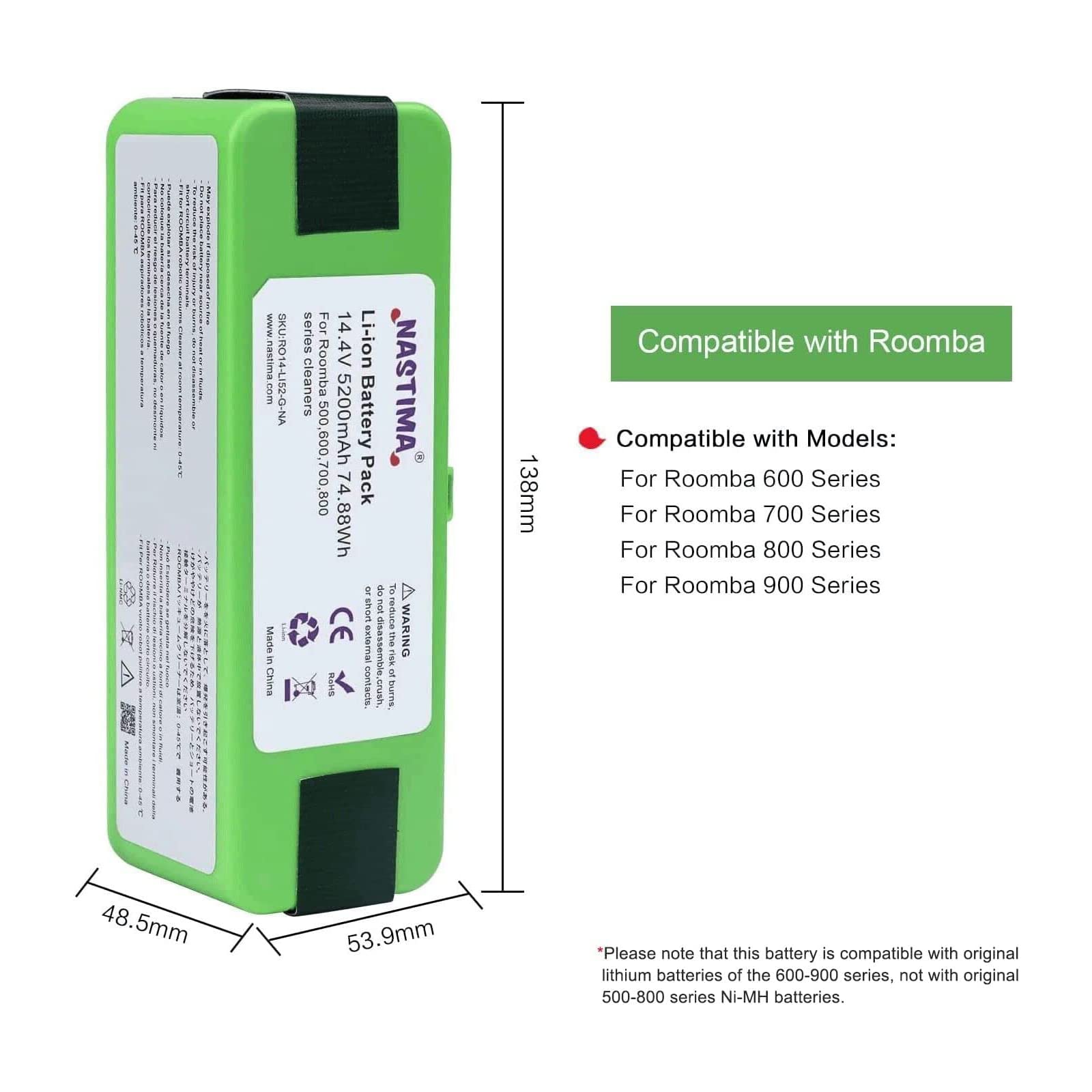 Nastima Upgrade 14.8V 5000mAh lithium-ion batterij voor iRobot Roomba 900 800 700 600 Serie 985 980 960 895 890 880 870 860 790 780 770 760 695 690 680 675 650 614 595 585 560 521 [UL CE goedkeuring