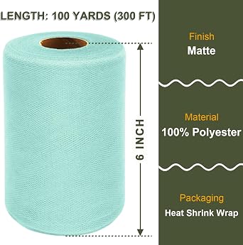 Aqua Blue Tulle Fabric Roll 6 Inch X 300 FT (100 Yards) Matte Tulle Ribbon Netting Mesh Spool for DIY Tutu Skirt Wedding Bow Gift Wrapping Baby Shower Christmas Party Halloween Decorations