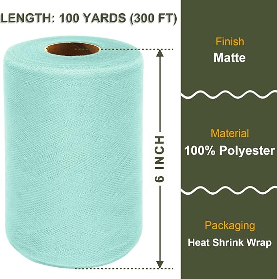 Aqua Blue Tulle Fabric Roll 6 Inch X 300 FT (100 Yards) Matte Tulle Ribbon Netting Mesh Spool for DIY Tutu Skirt Wedding Bow Gift Wrapping Baby Shower Christmas Party Halloween Decorations