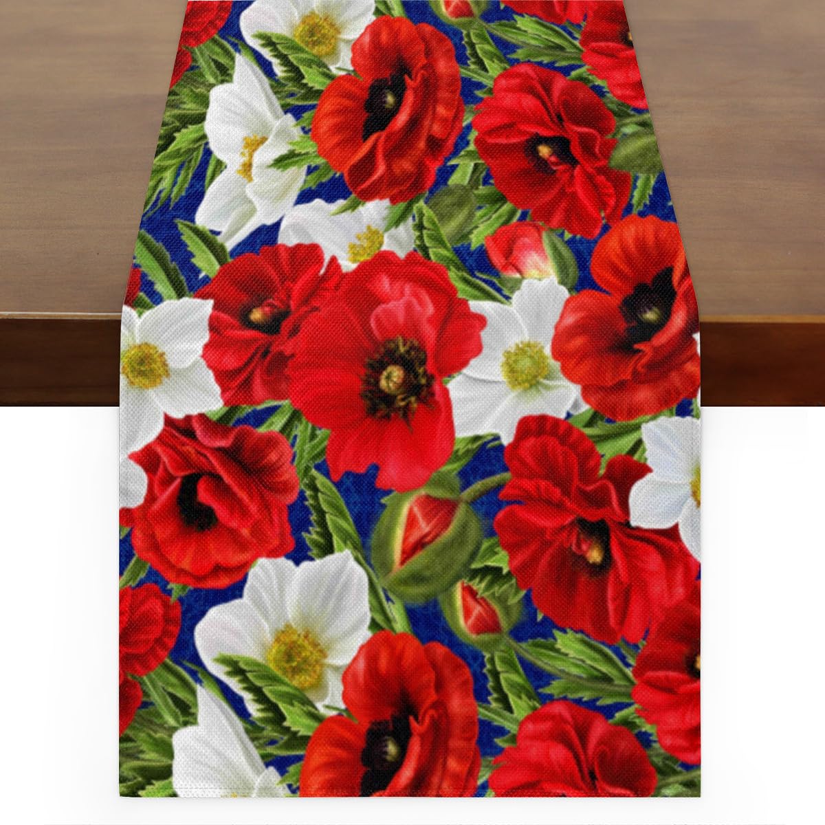 Spring Summer Table Runner - Brown Poppy Leaves Design For Seasonal Home Decor
