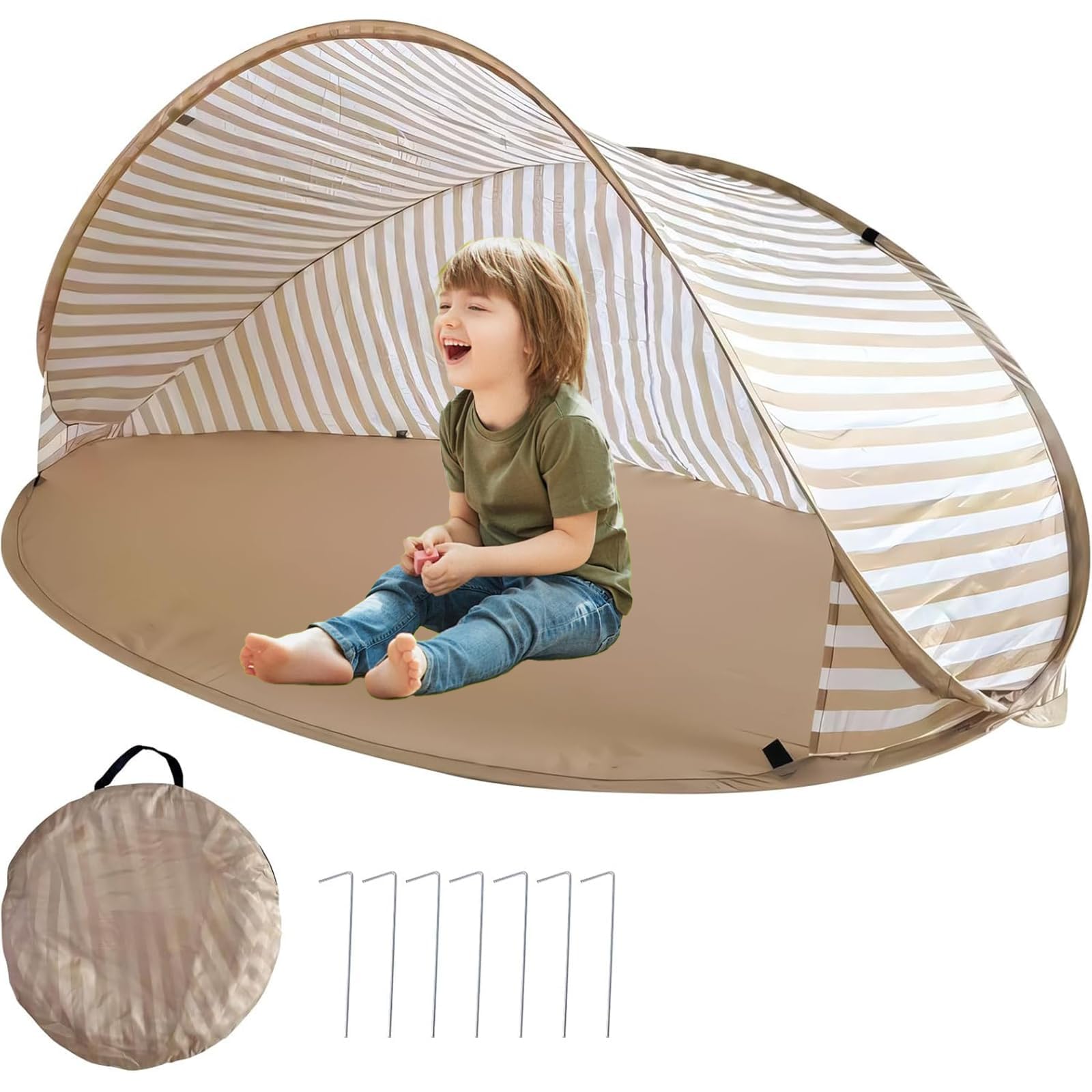 Tente de Plage Anti UV Bébé Pop Up Automatique UPF50+, Tente Plage Bebe Anti UV Pliable avec Sac de Transport et Piquets, Abri Soleil Portable pour Plage Jardin Camping