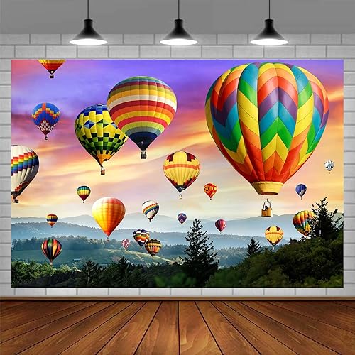 Miniatura 1 de EMDSPR Fondo de globo de aire caliente vinilo de 10 x 7 pies colorido cielo arco iris montañas fondo de fotografía decoración de fiesta de viaje