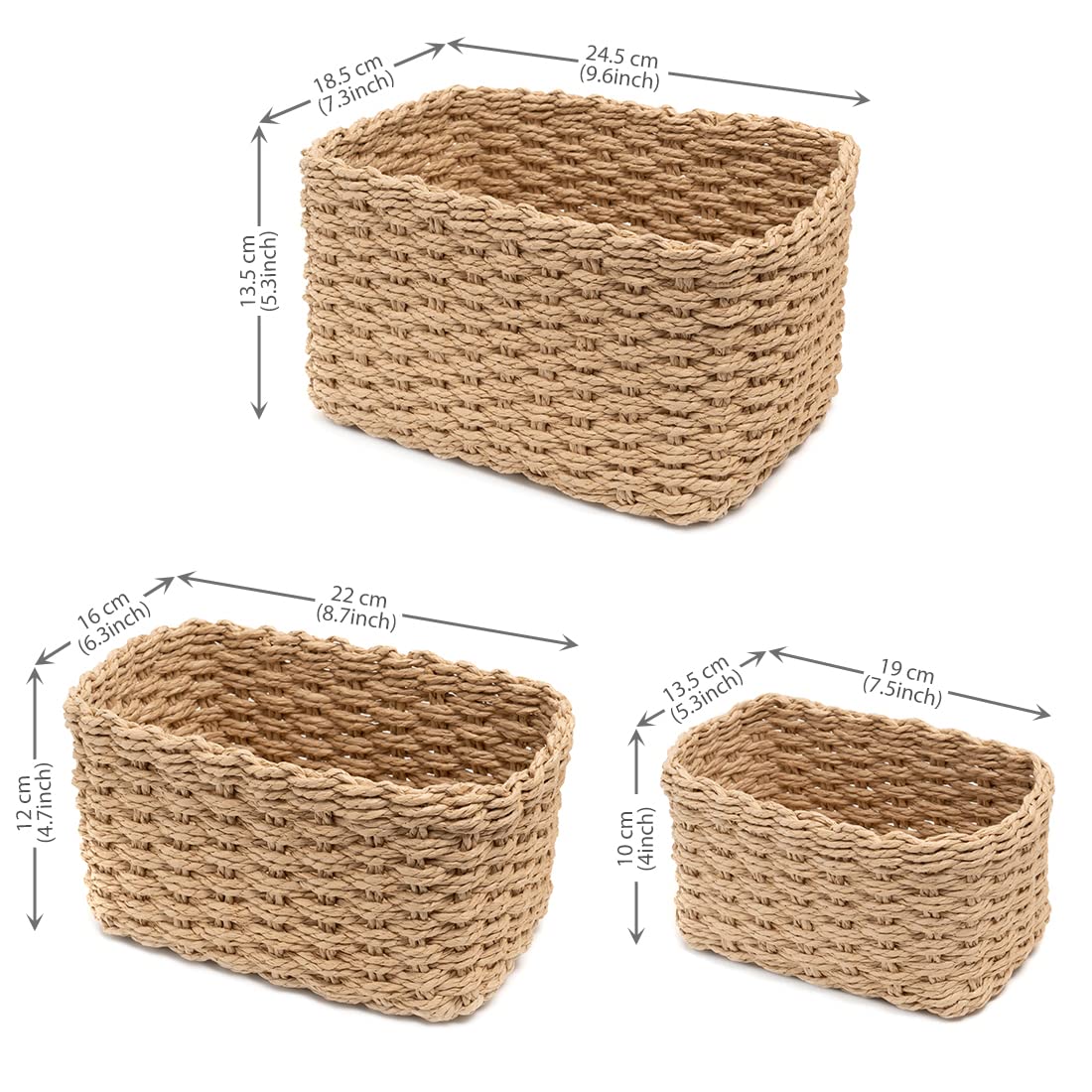 EZOWare Lot de 6 Paniers de Rangement Tissé, Doux Boîtes Conteneurs Décoratif en Corde de Papier pour Maison, Chambre d'Enfant, Salle de Bain, Bureau et plus – Beige, 3 tailles