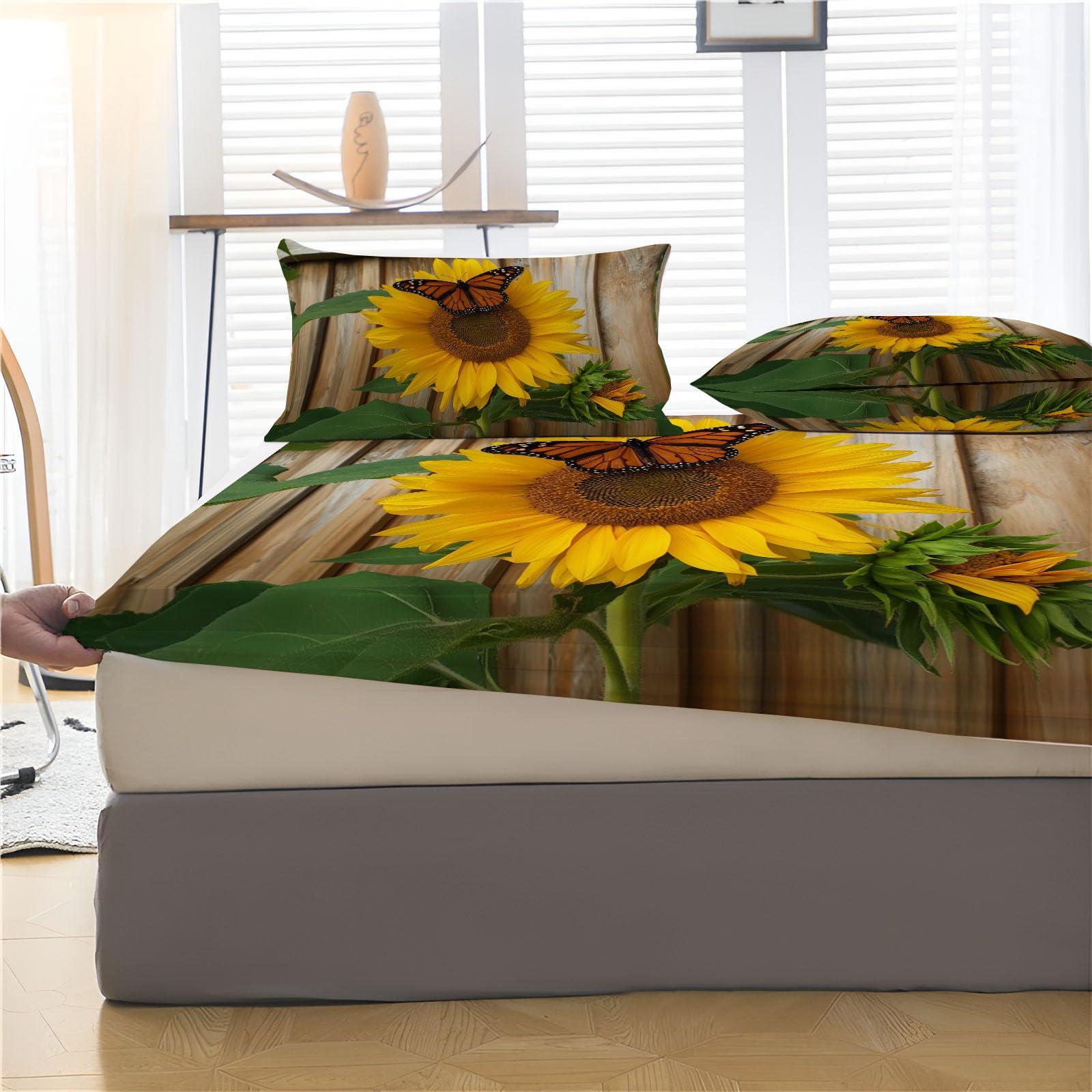 Sábanas 200X190/200Cm - Juego De Sábanas 3 Piezas Estampadas Mariposa Girasol - Microfibra Suave Transpirable - Sábana Bajera Ajustable - Ropa De Cama Plantas Del Campo (Bronceado)