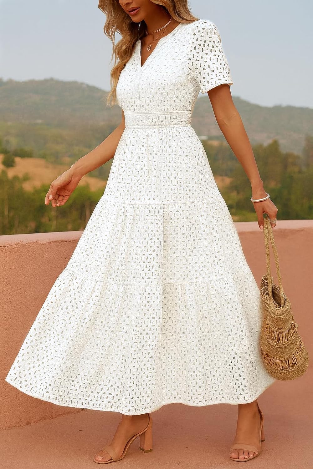 V Neck Short Sleeve Eyelet Lace Long Dress A-Line Swing Maxi Dress - Image 5