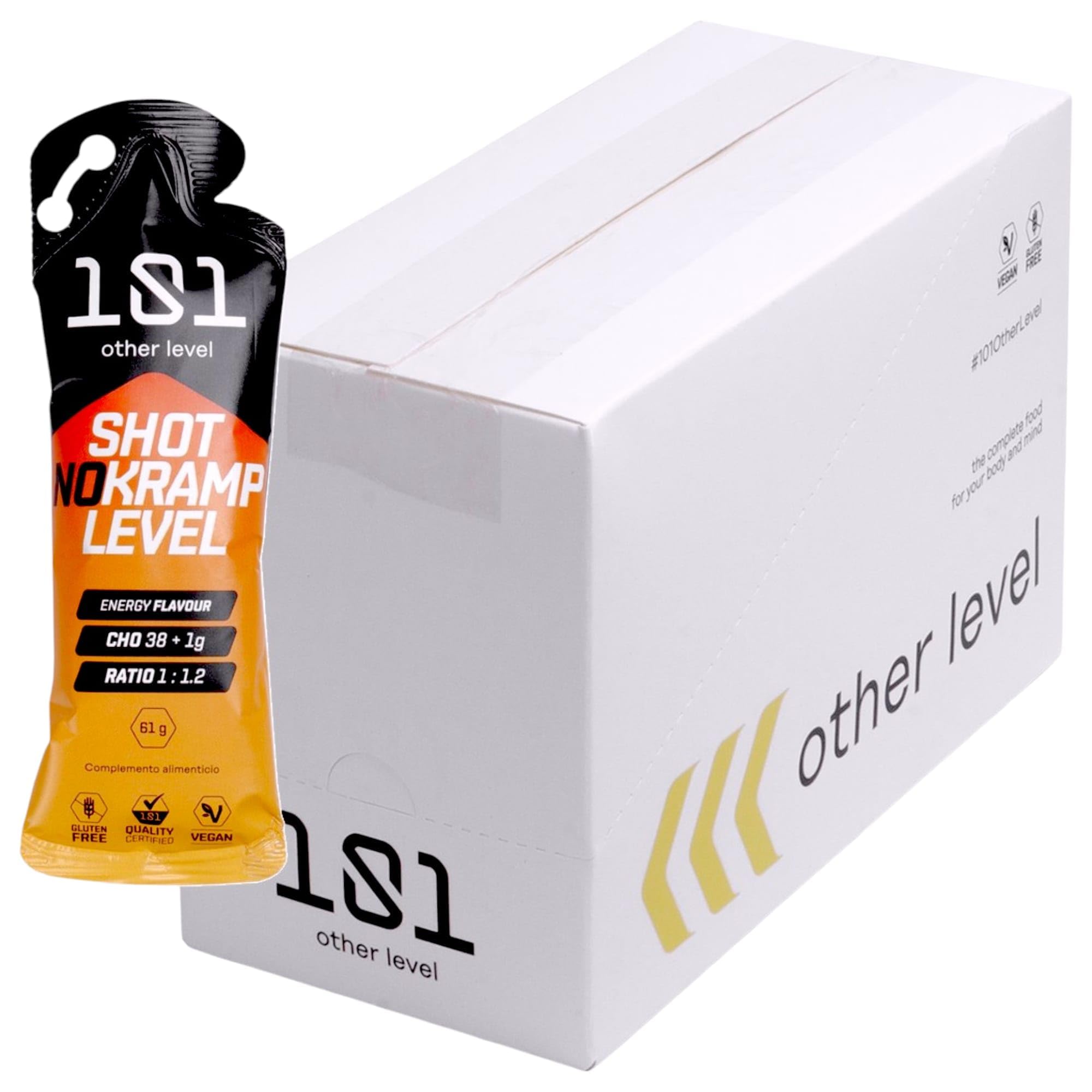 Shot No Kramp Pack 24 Geles de 61 gr - Sabor Energy - Anticalambres Musculares Líquido para Ciclismo, Running y Trail - Electrolitos de Rápida Absorción