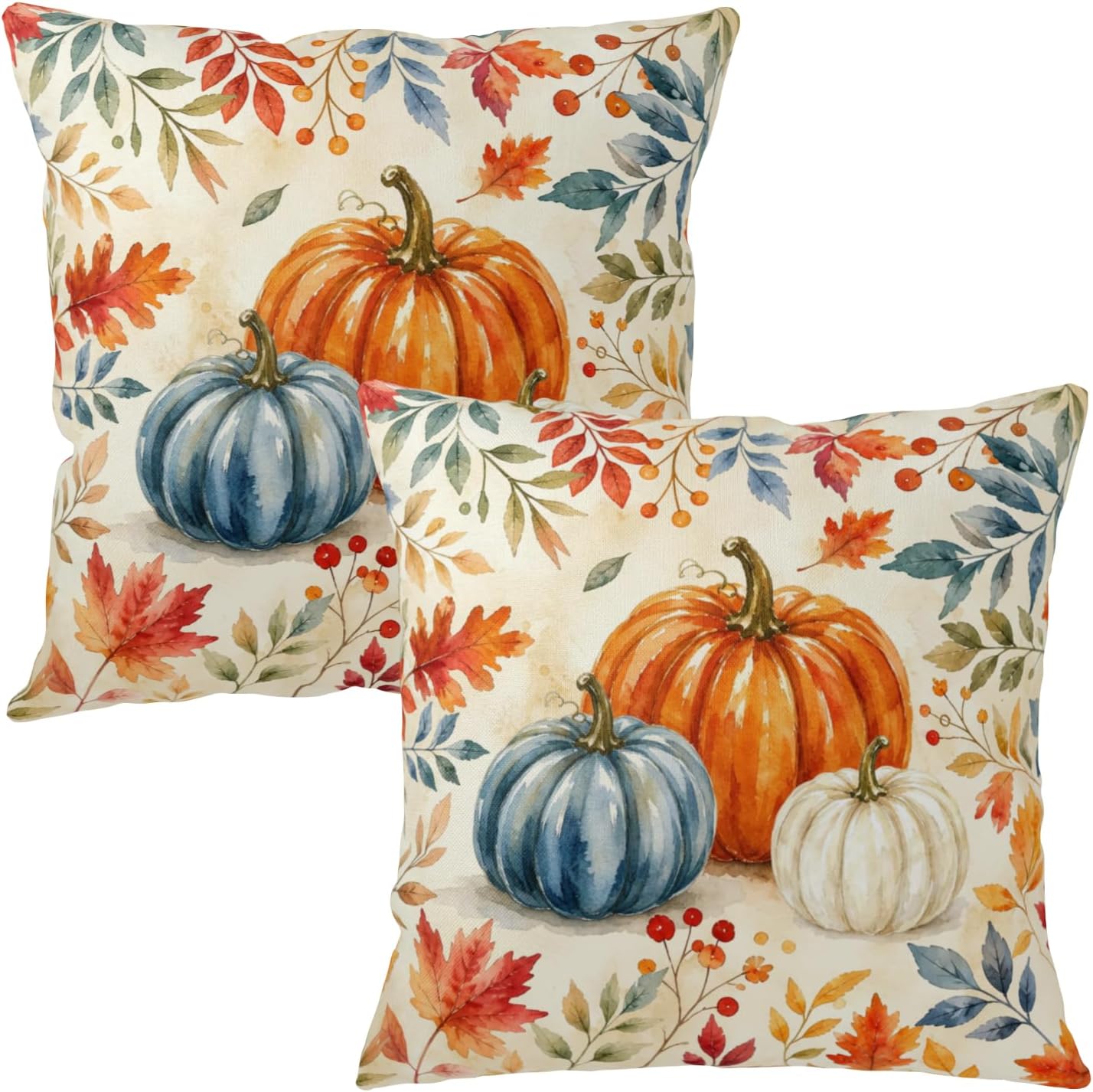 Fall Pillow Covers 18x18 Inch Orange Blue Pumpkin Pattern Decorative Throw Pillow Covers Set of 2 Autumn Thanksgiving Harvest Pillowcases for Soft Couch Holiday Party Decor