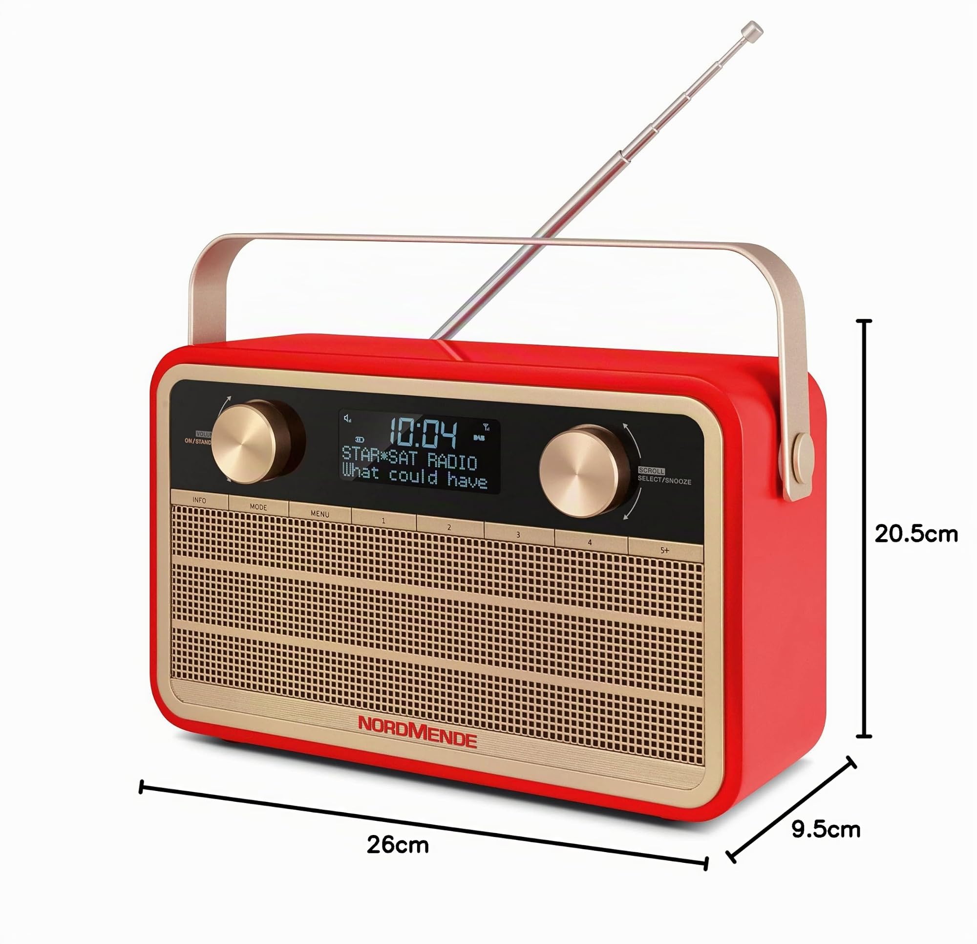 Nordmende Transita 120 - radio DAB portatile (DAB+, FM, batteria 24 ore, Aux In, sveglia, 2 orari di sveglia, sleep timer, funzione snooze, presa per cuffie) rosso