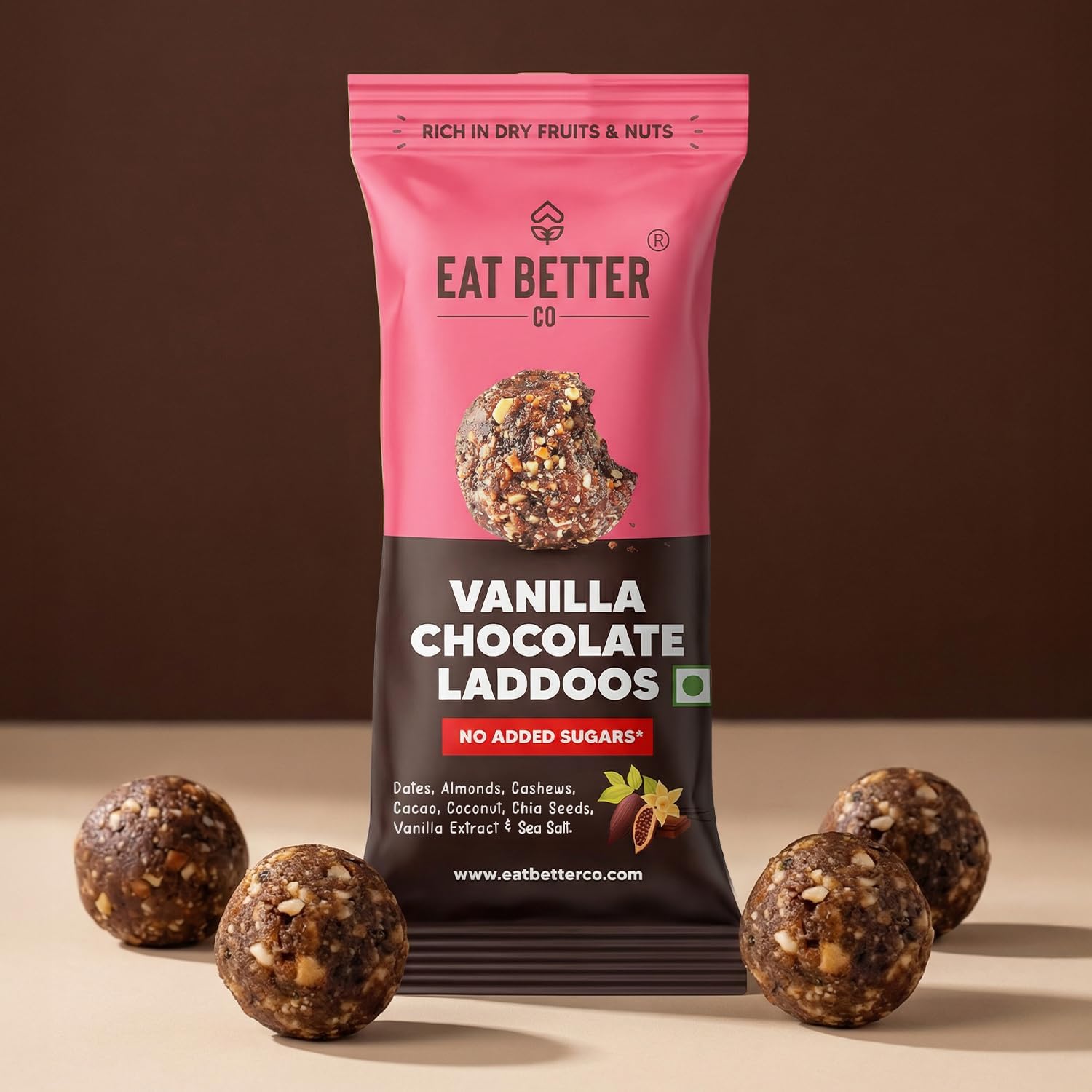 Vanilla Chocolate - Sugar-Free Laddoos | High Protein & Instant Energy | 95% Dry-Fruits - Healthy Chocolate – No Added Sugar | Healthy Snacks | Energy-Bar Replacement (Pack of 4-40gm)