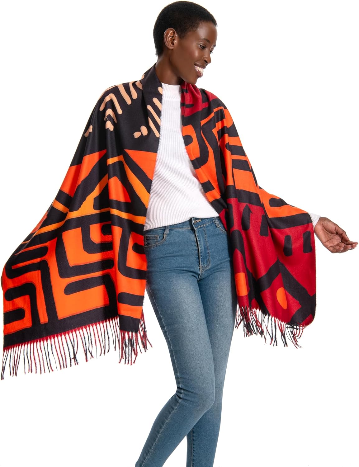 Soft Cashmere Feel Scarf for Women,African Tribal Style Double Sided Prints Warm Tassel Shawl Scarf Winter Large Wrap - Image 3