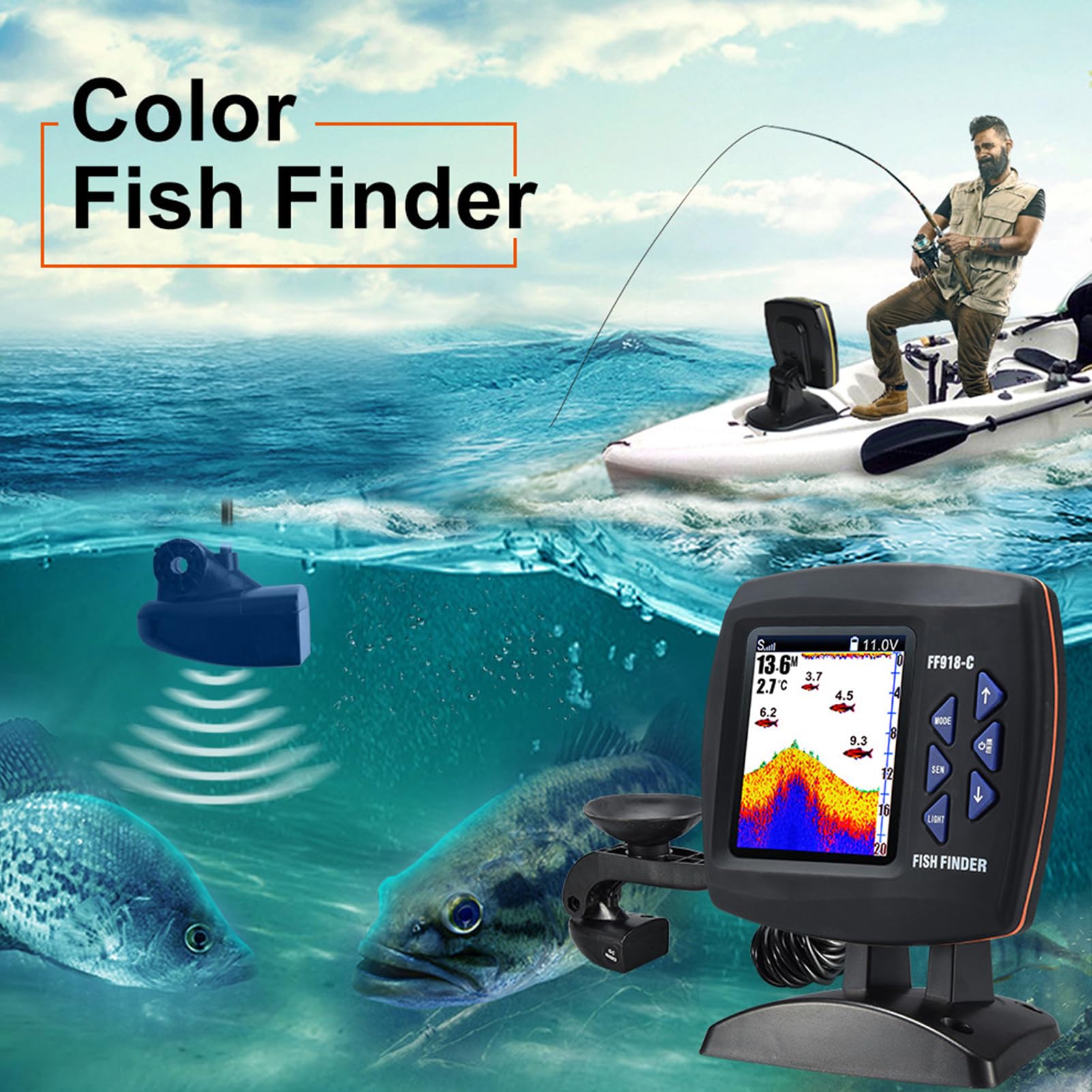 Fisch Finder Kabelgebundener Wandlersensor Fischfinder 45-Grad Unterwasser-Angelkamera Tragbarer Wasserdichter Unterwassermonitor LCD Fischsucher Boot Fischdetektor