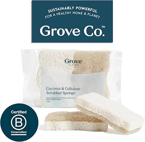 Miniatura 7 de Grove Co. Esponjas, esponja de cocina de coco natural, doble cara, antiarañazos, celulosa súper absorbente a base de plantas con estropajo de