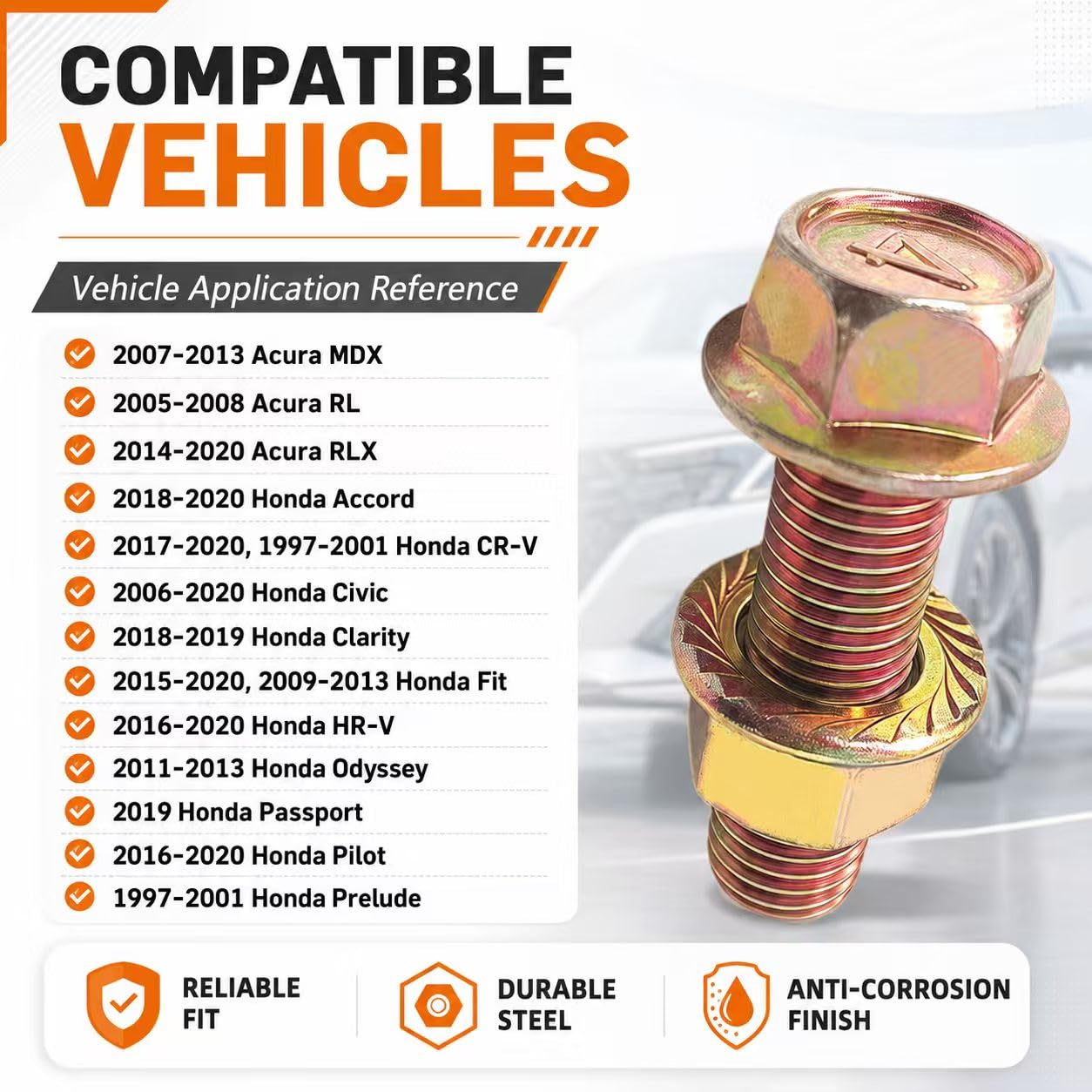 5 Sets M10-1.25 Exhaust Bolts & Flange Nuts for Honda Toyota | for Honda Accord, Civic, Odyssey, for Acura and Toyota; includes M10-1.25 x 33mm bolts and serrated flange nuts.