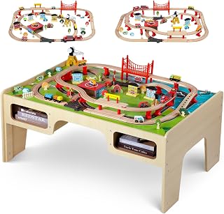FlyingBoom Train Table Set, Wood Kids Activity Table with Storage Drawer, 133 Multiple Pieces, Tracks, Trains, Cars, Toddler Train Table Set with Reversible Tabletop, Gift for Boys and Girls Age 3+
