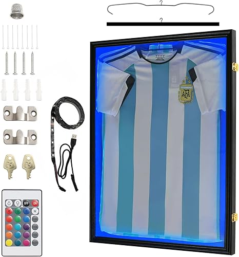 OEERDER Vitrina con marco de jersey con luces, caja de sombra grande con cerradura LED, marco de jersey deportivo montado en la pared con colgador