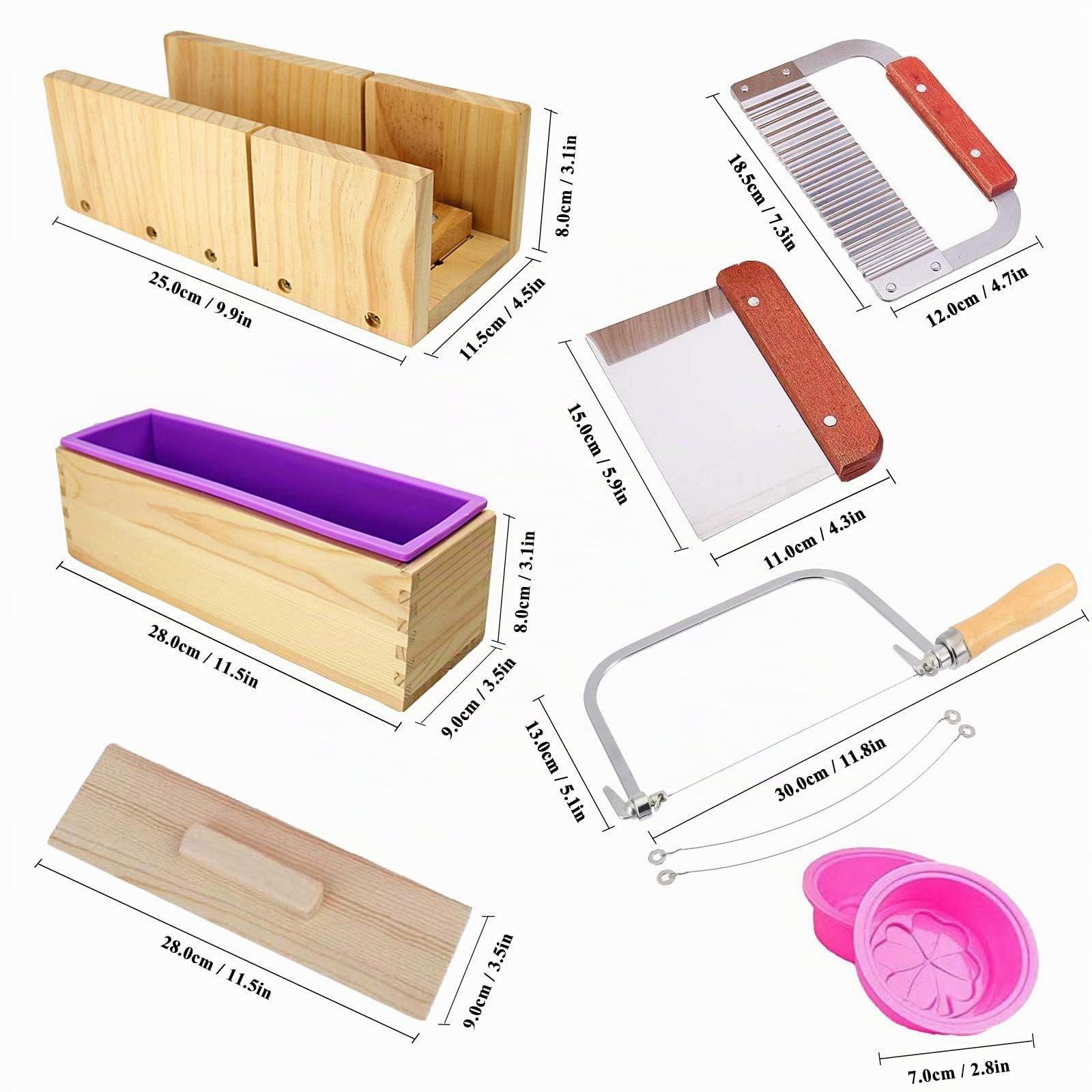 Taglierina di Sapone Handmade Set - Scatola Fai da Te per la Fare di Sapone - Soap Cutter Strumenti Regolabile Scatola di Legno + 3 Coltello Dritto + 2 Stampo Rotondo in Silicone #8