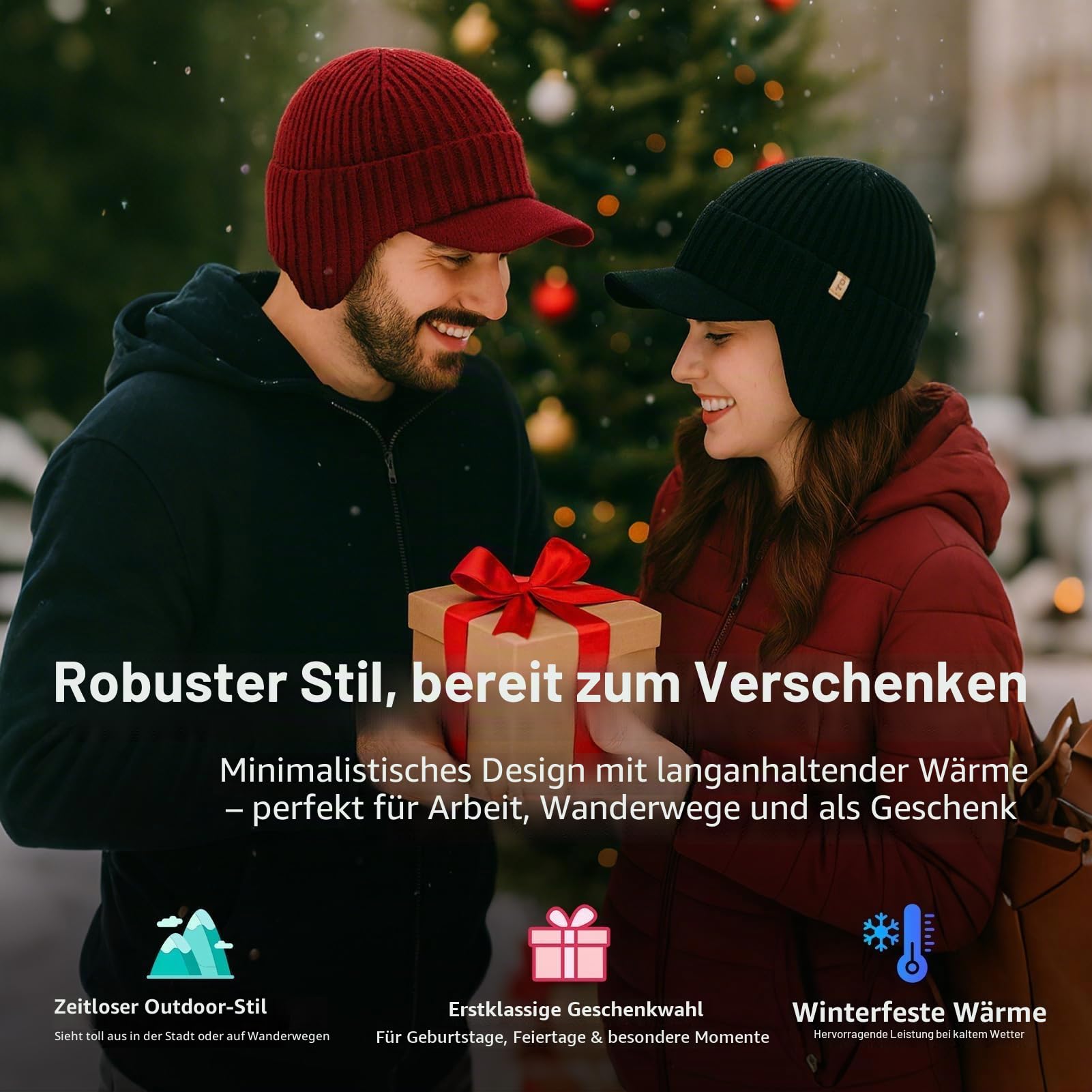 TOP-EX DryKnit Wasserdichte 80% Merinowolle, Schirmmütze für Herren, mit Ohrenklappen & Fleece gefüttert, Winter-Thermo-Golfvisier, Beanie-Mütze für kaltes Wetter, M-XXL