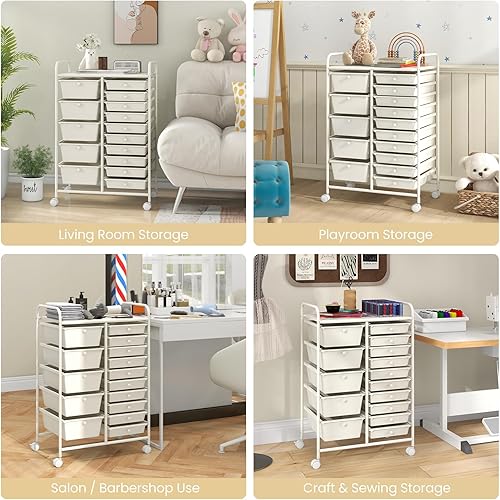 Miniatura 9 de RELAX4LIFE Carritos de almacenamiento de 15 cajones, carrito móvil con ruedas, organizador de manualidades para organización y almacenamiento en el