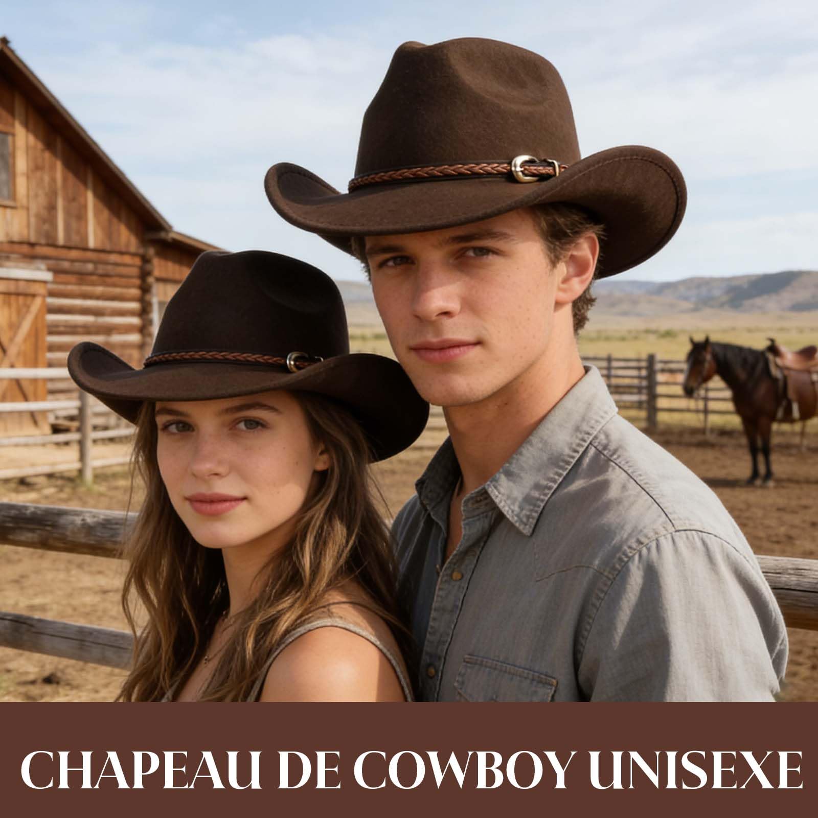 Chapeau western vintage à large bord en feutre avec une élégante lanière en cuir, adapté aussi bien aux hommes qu'aux femmes. Idéal pour les activités de plein air et les soirées à thème western.