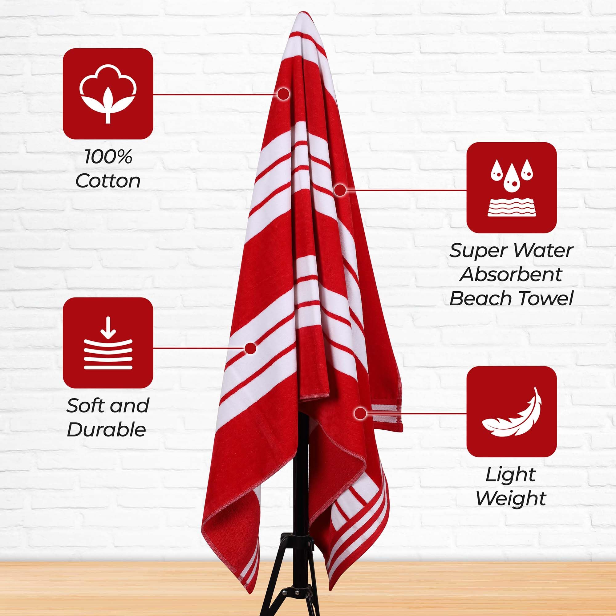 Superior Collection Serviettes de Plage luxueuses en Coton peigné Jacquard Rayures Cabana Rouge 43 x 5 x 30 cm