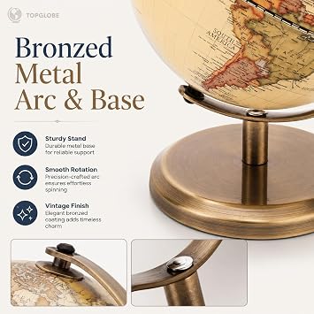 14cm Antique World Globe with Rotating Bronzed Metal Desk Stand